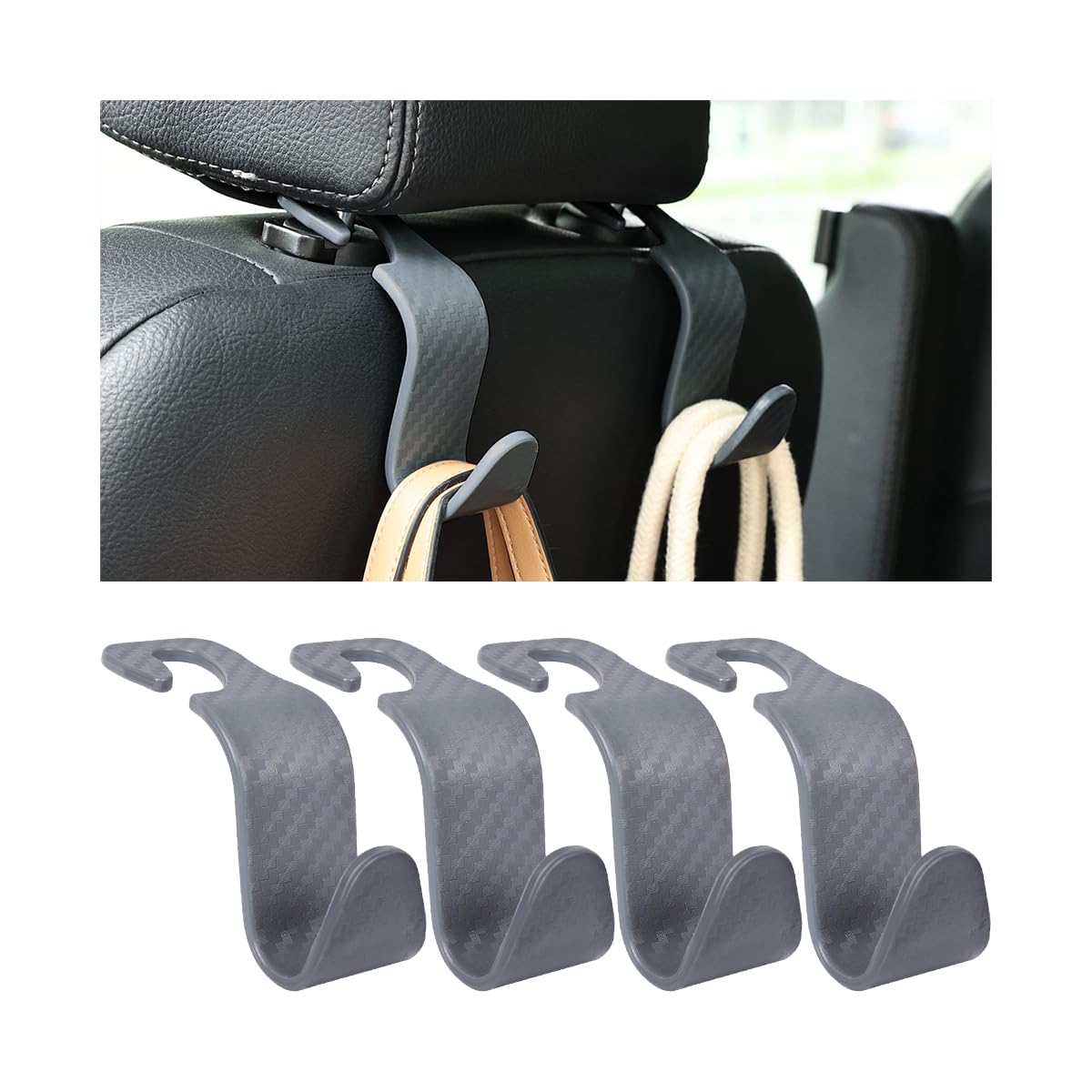 Car Back Seat Headrest Hooks, 4 Pack Carbon Fiber Stylish Back Seat Hanger for Car Handbag Clothes Coats Grocery Bags, Car Interior Accessories (Carbon Fibre/Black)