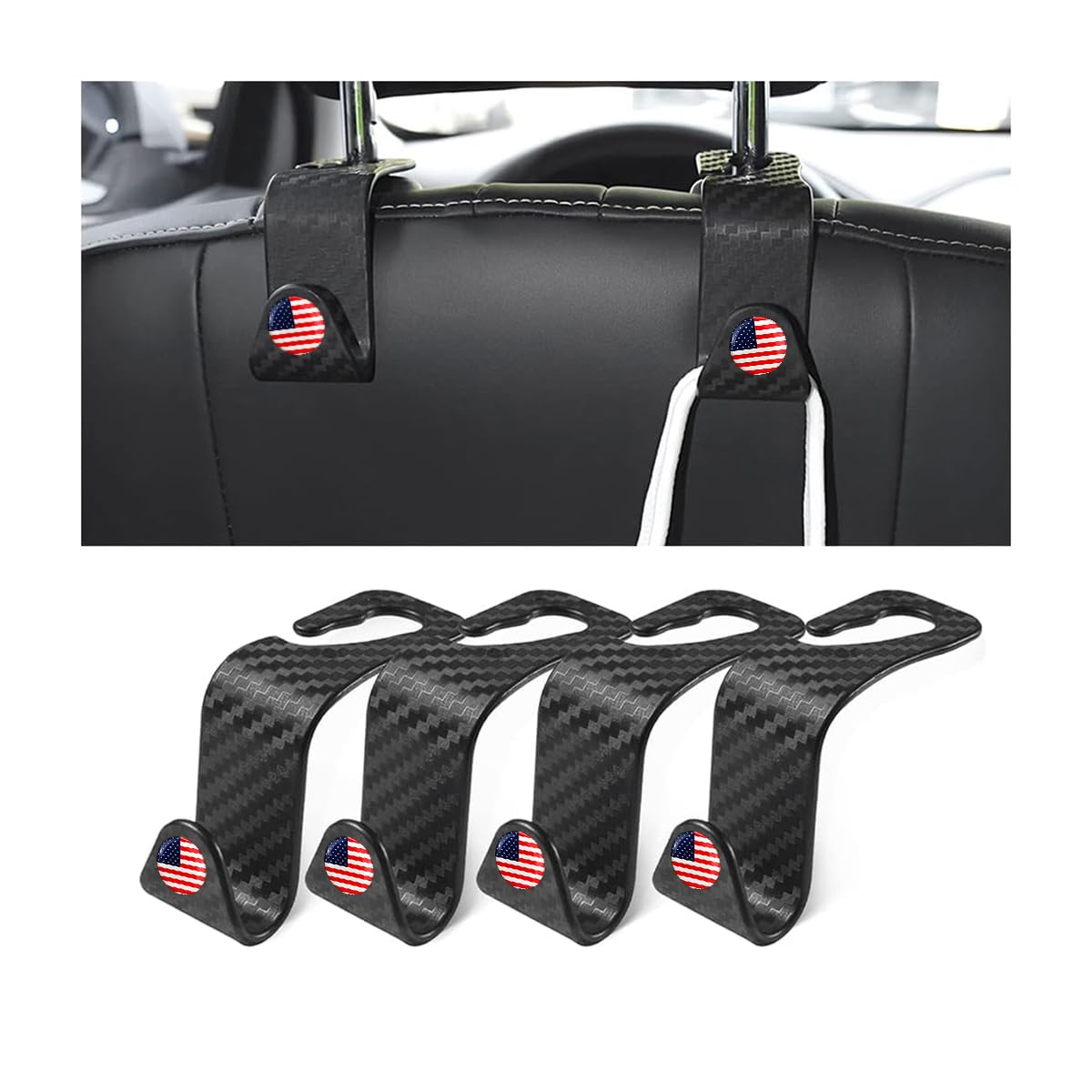 Car Back Seat Headrest Hooks, 4 Pack Carbon Fiber Stylish Back Seat Hanger for Car Handbag Clothes Coats Grocery Bags, Car Interior Accessories (Carbon Fibre/Black)