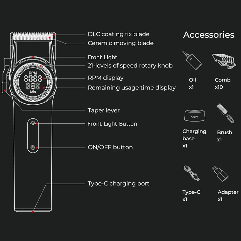 VGR 001 Professional Hair Clippers for Men, Cordless Barber Clippers for Hair Cutting, Carbon Steel Blade Hair Trimmers for Barbers, 9000RPM, LED Display, Black