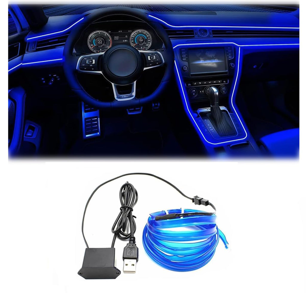 EL Wire Interior Car LED Strip Lights, 16.5FT USB Neon Glowing Strobing Electroluminescent Wire Strip with 6mm Sewing Edge, Ambient Lighting Kits for Car Indoor Decoration (Purple)