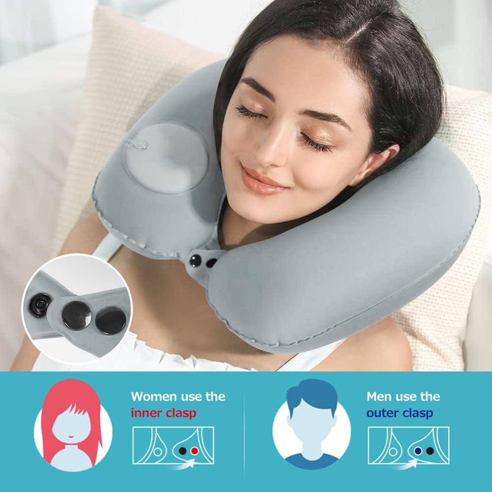 2PCS Inflatable Travel Pillow, Adjustable Inflatable Neck Pillow, Portable Fast Inflatable Pillow U-Shaped with Eye Mask,Earplug and Carry Bag, for Airplanes,Traveling,Lumbar Support (Grey)