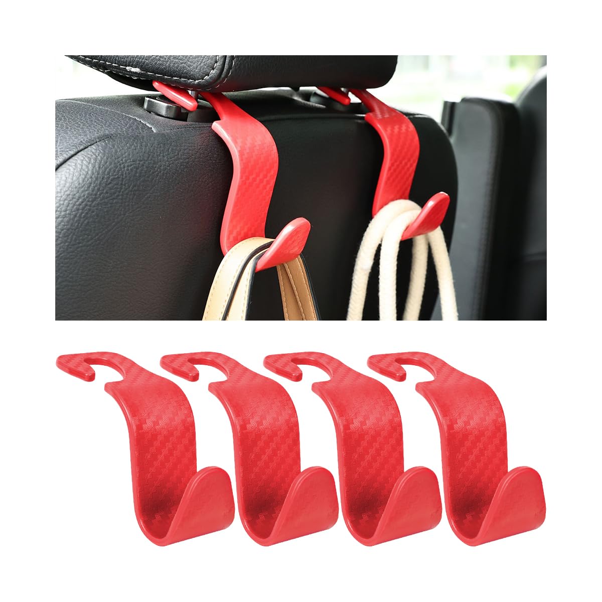 Car Back Seat Headrest Hooks, 4 Pack Carbon Fiber Stylish Back Seat Hanger for Car Handbag Clothes Coats Grocery Bags, Car Interior Accessories (Carbon Fibre/Black)