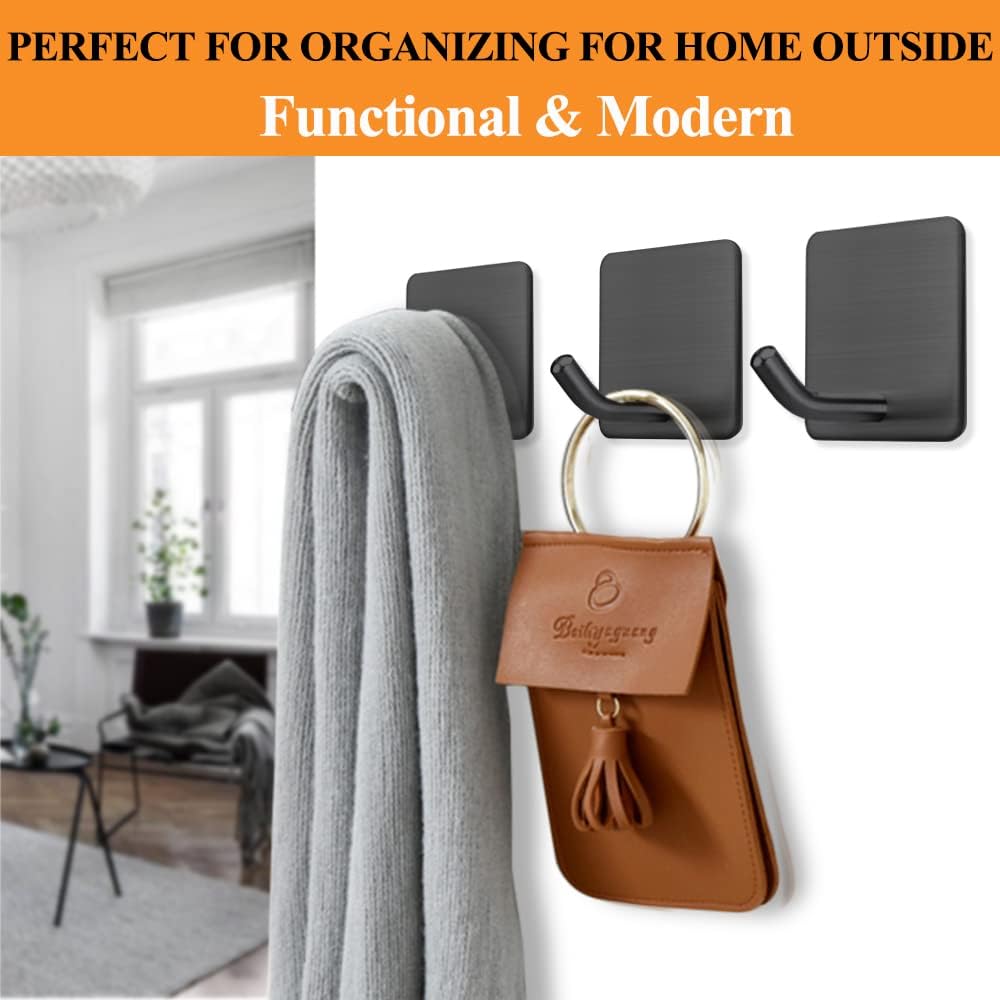 FOTYRIG Adhesive Towel Hooks No Drill Wall Hooks Stick on Wall Hangers Shower Hooks for Inside Shower Bathrooms Kitchen Door Black -4 Packs