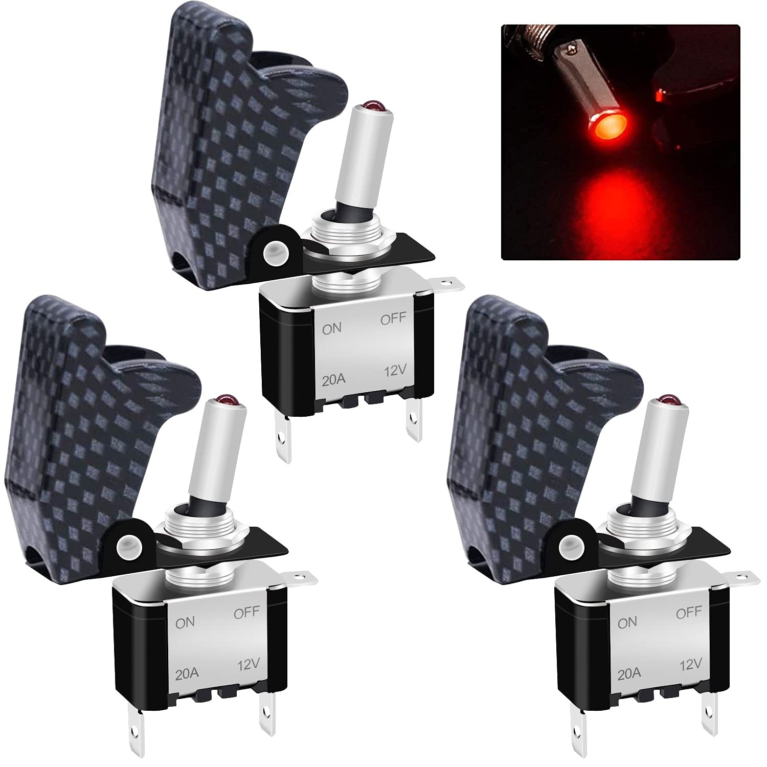 Twidec/3Pcs Rocker Toggle Switch 12V 20A Heavy Duty Racing Car Automotive Auto SPST ON/Off Toggle Switch Blue LED Light Illuminated 3Pin with Blue Waterproof Safety Cover ASW-07DBUBUMZ