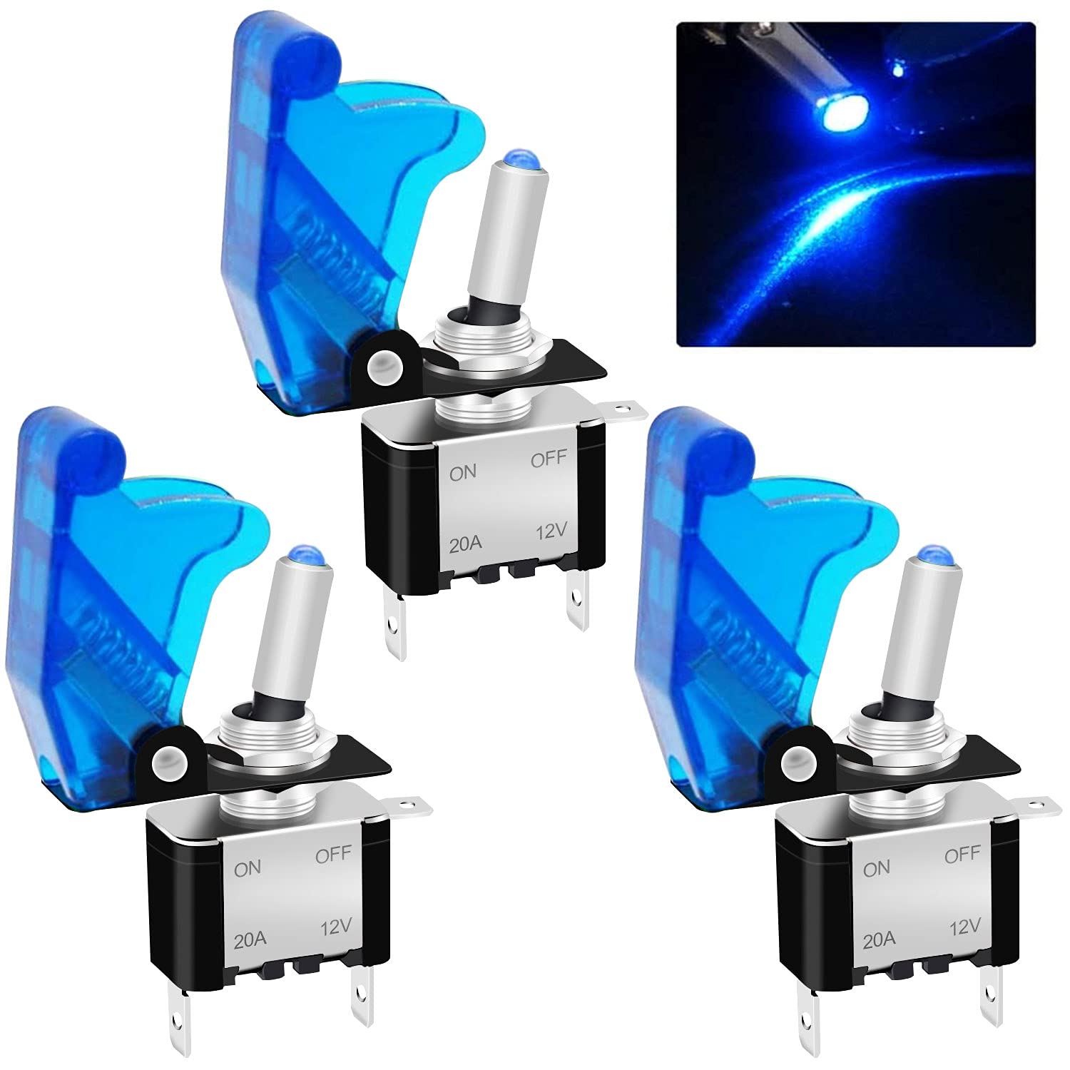 Twidec/3Pcs Rocker Toggle Switch 12V 20A Heavy Duty Racing Car Automotive Auto SPST ON/Off Toggle Switch Blue LED Light Illuminated 3Pin with Blue Waterproof Safety Cover ASW-07DBUBUMZ