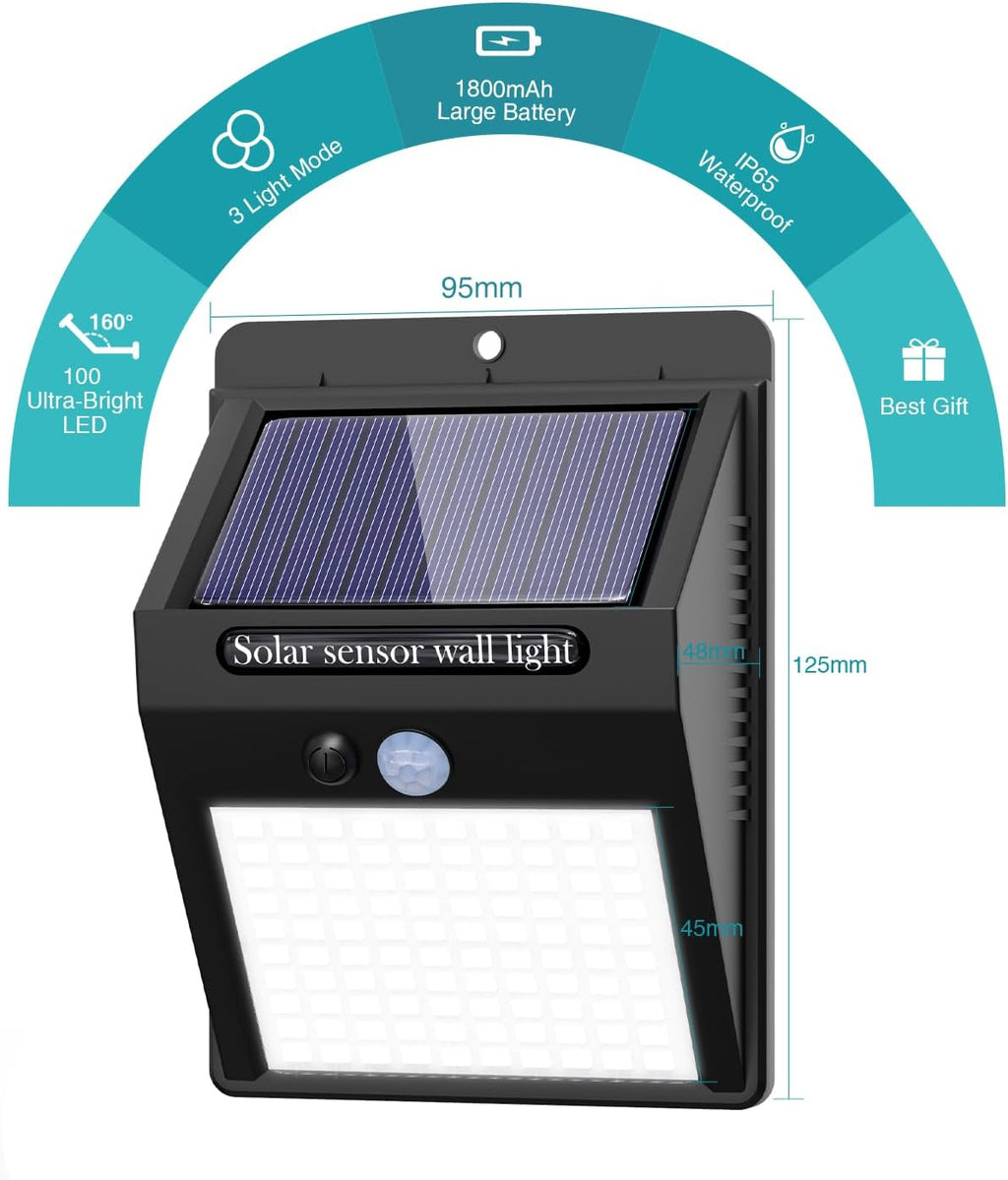 2 Pack Outdoor Solar Motion Lights - 3 Modes/100LED Wireless, IP65 Waterproof Solar Security Lights with Motion Sensor for Front Door, Backyard, Garage, Deck