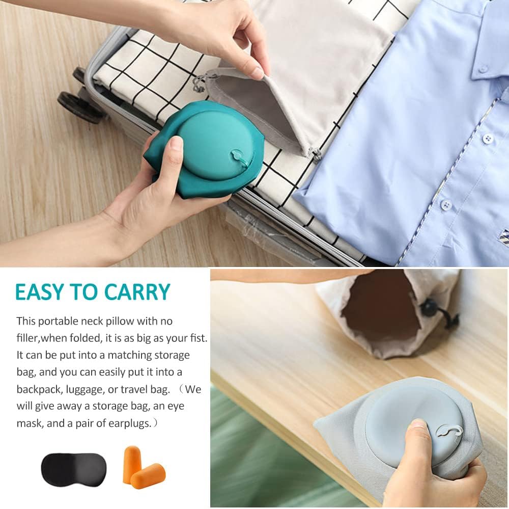 2PCS Inflatable Travel Pillow, Adjustable Inflatable Neck Pillow, Portable Fast Inflatable Pillow U-Shaped with Eye Mask,Earplug and Carry Bag, for Airplanes,Traveling,Lumbar Support (Grey)