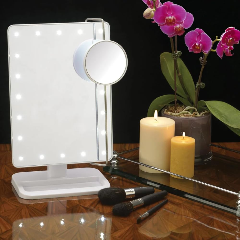 Jerdon 8-Inch by 11-Inch Lighted Vanity Mirror - Rectangular Tabletop Mirror in White with 10X Magnification Spot Mirror - Model JS811W
