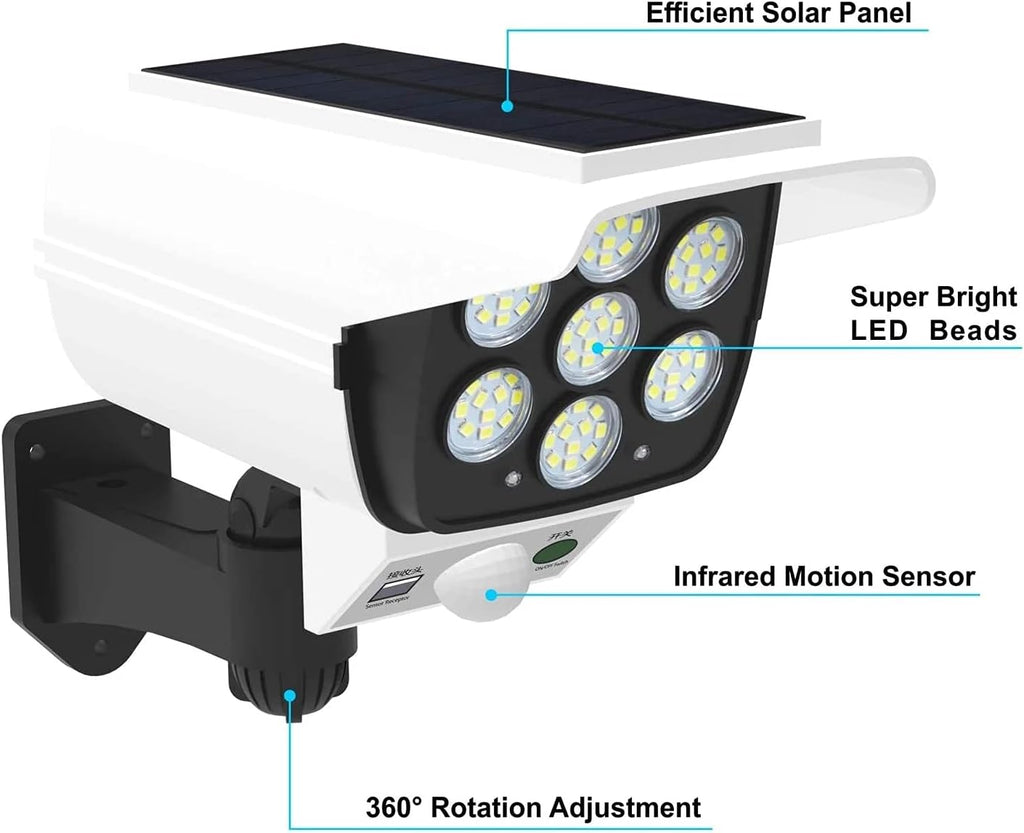 Outdoor Motion Sensor Solar Lights 2000 Lumens 77 LEDs Spotlight With Remote Controller FloodLights Outdoor IP66 Waterproof, Wireless Dummy Decoy Fake Security Camera for Porch Garden Patio Driveway