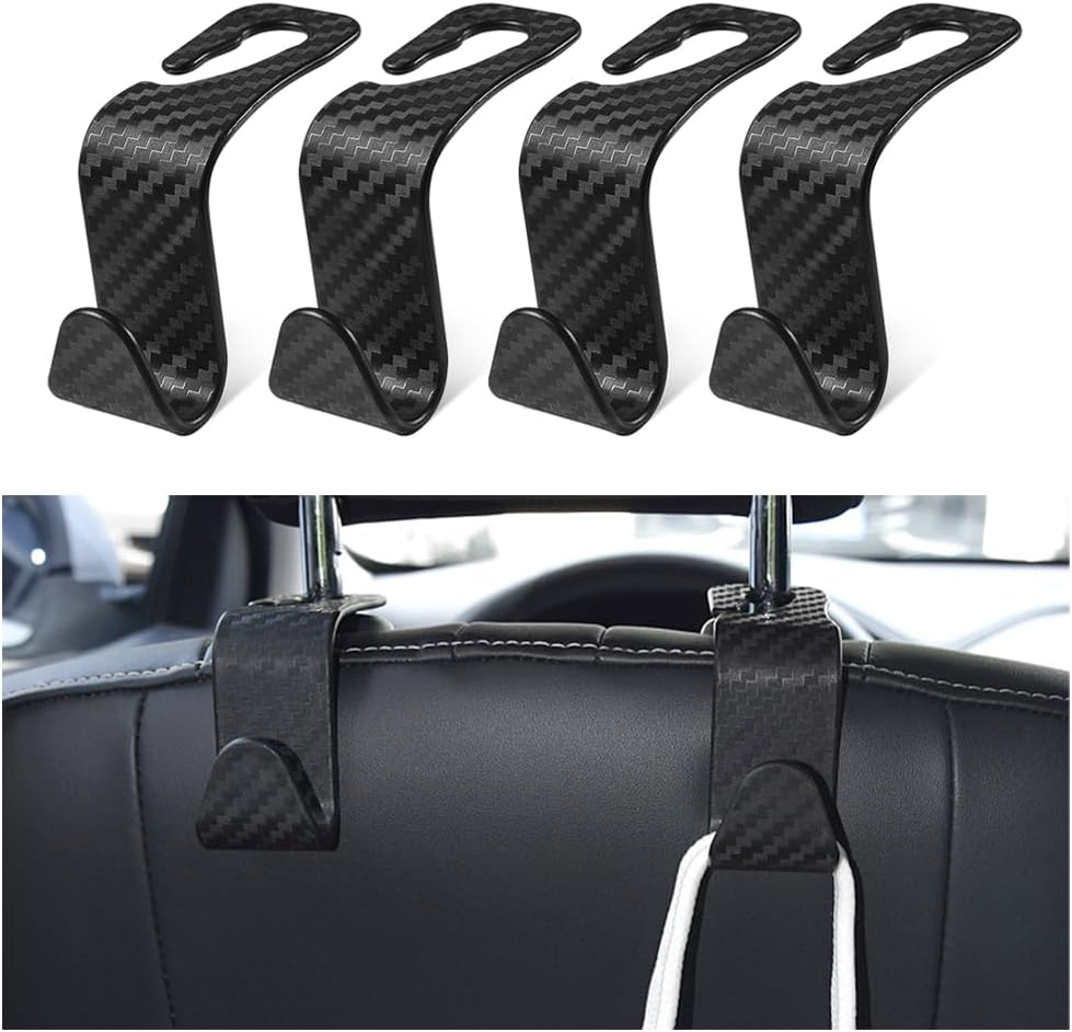 Car Back Seat Headrest Hooks, 4 Pack Carbon Fiber Stylish Back Seat Hanger for Car Handbag Clothes Coats Grocery Bags, Car Interior Accessories (Carbon Fibre/Black)