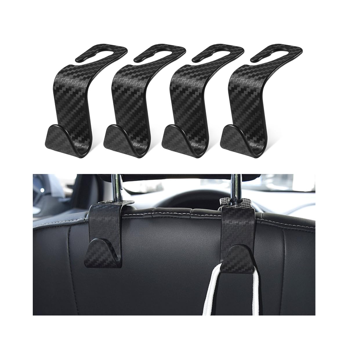 Car Back Seat Headrest Hooks, 4 Pack Carbon Fiber Stylish Back Seat Hanger for Car Handbag Clothes Coats Grocery Bags, Car Interior Accessories (Carbon Fibre/Black)