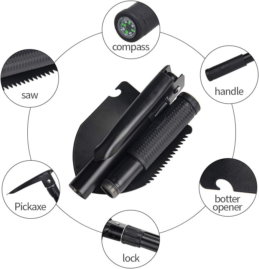 Gardening Folding Shovel Military Camping Shovel Survival Gear Entrenching Tool with Carrying Pouch Metal Handle for Camping Trekking Gardening Fishing Backpacking Snow (Black Zipper Pouch)