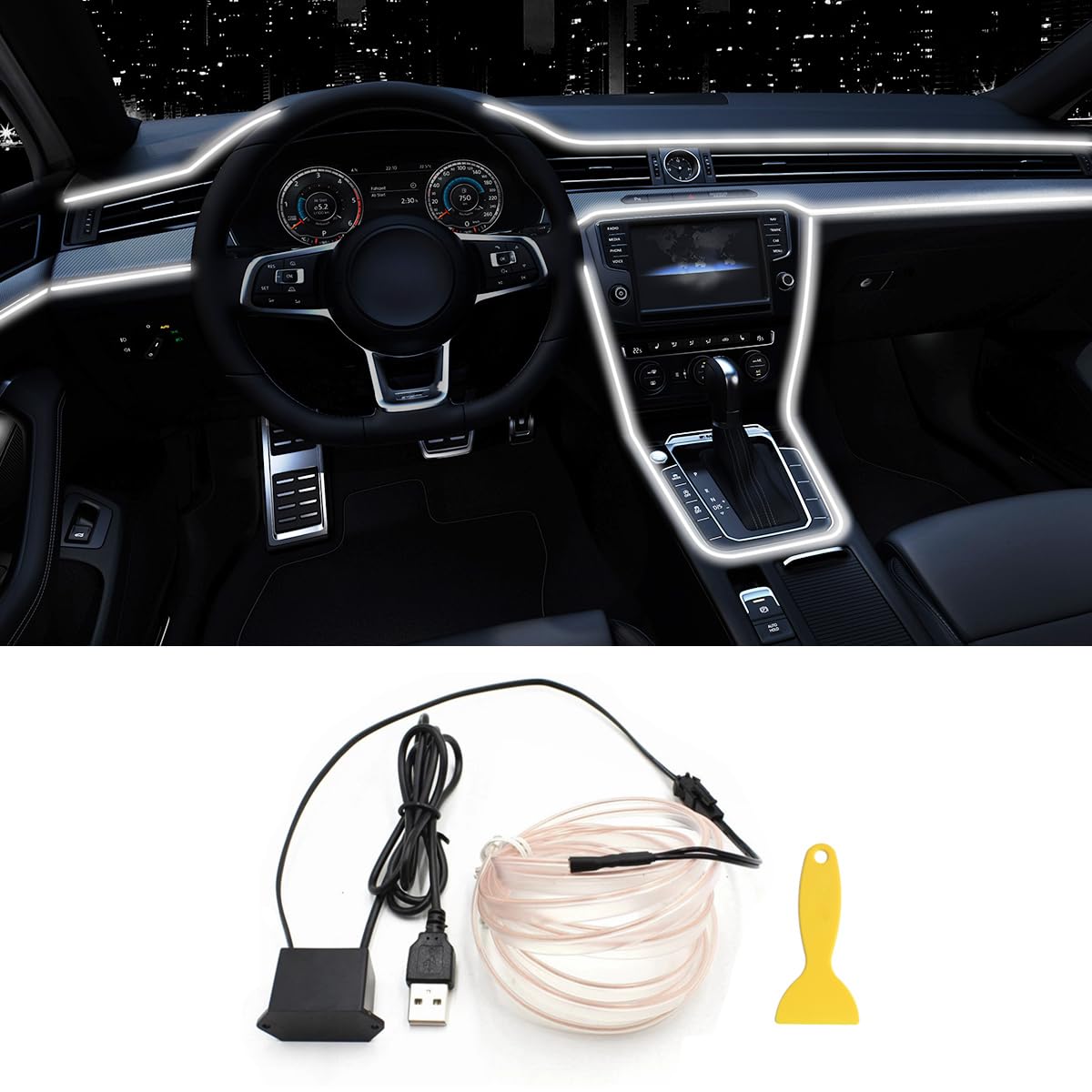 EL Wire Interior Car LED Strip Lights, 16.5FT USB Neon Glowing Strobing Electroluminescent Wire Strip with 6mm Sewing Edge, Ambient Lighting Kits for Car Indoor Decoration (Purple)