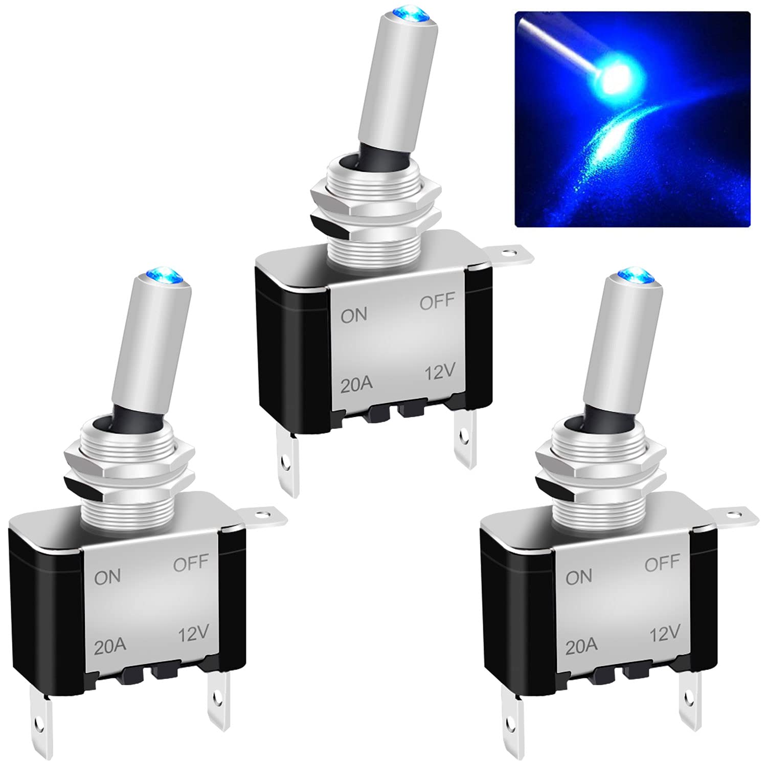 Twidec/3Pcs Rocker Toggle Switch 12V 20A Heavy Duty Racing Car Automotive Auto SPST ON/Off Toggle Switch Blue LED Light Illuminated 3Pin with Blue Waterproof Safety Cover ASW-07DBUBUMZ