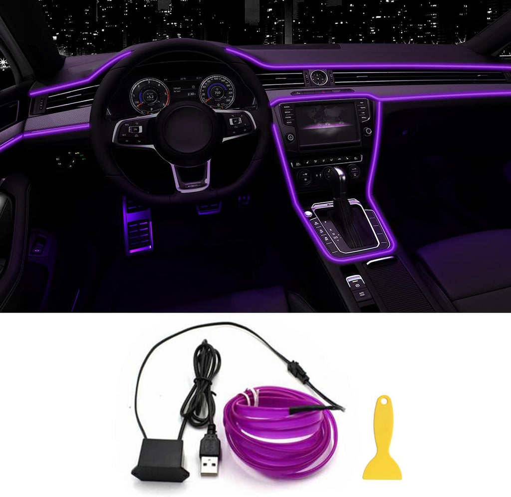 EL Wire Interior Car LED Strip Lights, 16.5FT USB Neon Glowing Strobing Electroluminescent Wire Strip with 6mm Sewing Edge, Ambient Lighting Kits for Car Indoor Decoration (Purple)