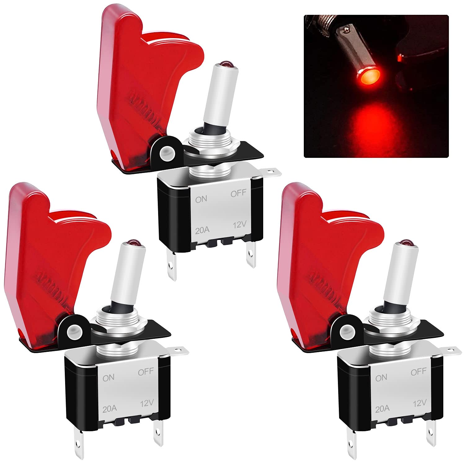 Twidec/3Pcs Rocker Toggle Switch 12V 20A Heavy Duty Racing Car Automotive Auto SPST ON/Off Toggle Switch Blue LED Light Illuminated 3Pin with Blue Waterproof Safety Cover ASW-07DBUBUMZ