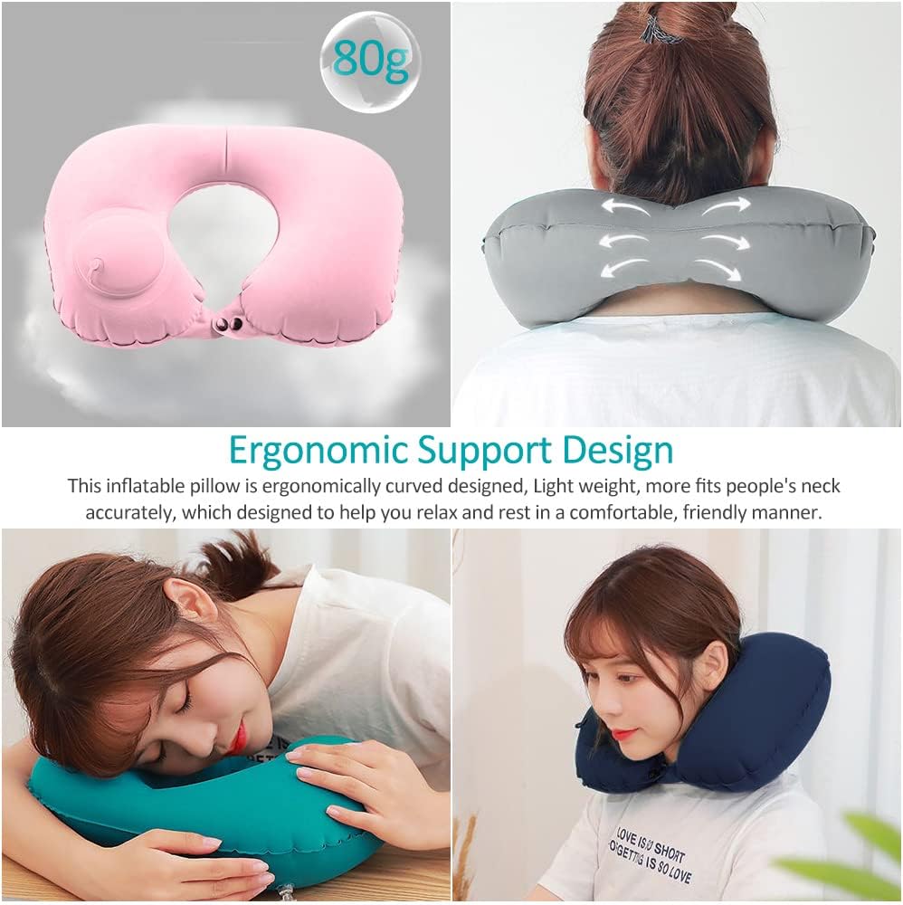 2PCS Inflatable Travel Pillow, Adjustable Inflatable Neck Pillow, Portable Fast Inflatable Pillow U-Shaped with Eye Mask,Earplug and Carry Bag, for Airplanes,Traveling,Lumbar Support (Grey)