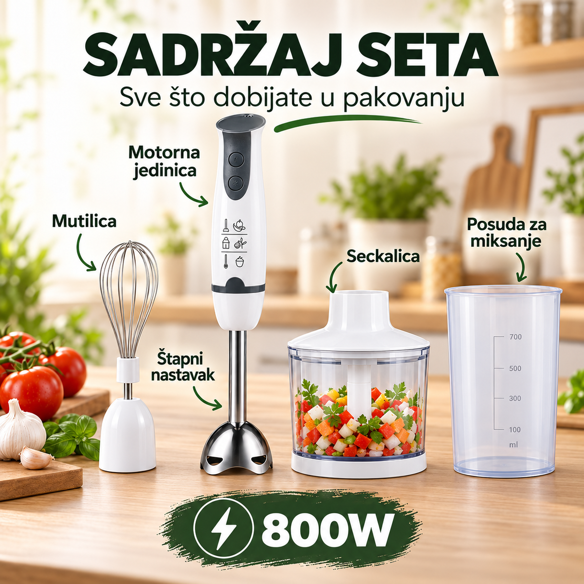 Štapni mikser set 800W – ručni blender sa seckalicom, mutilicom i posudom