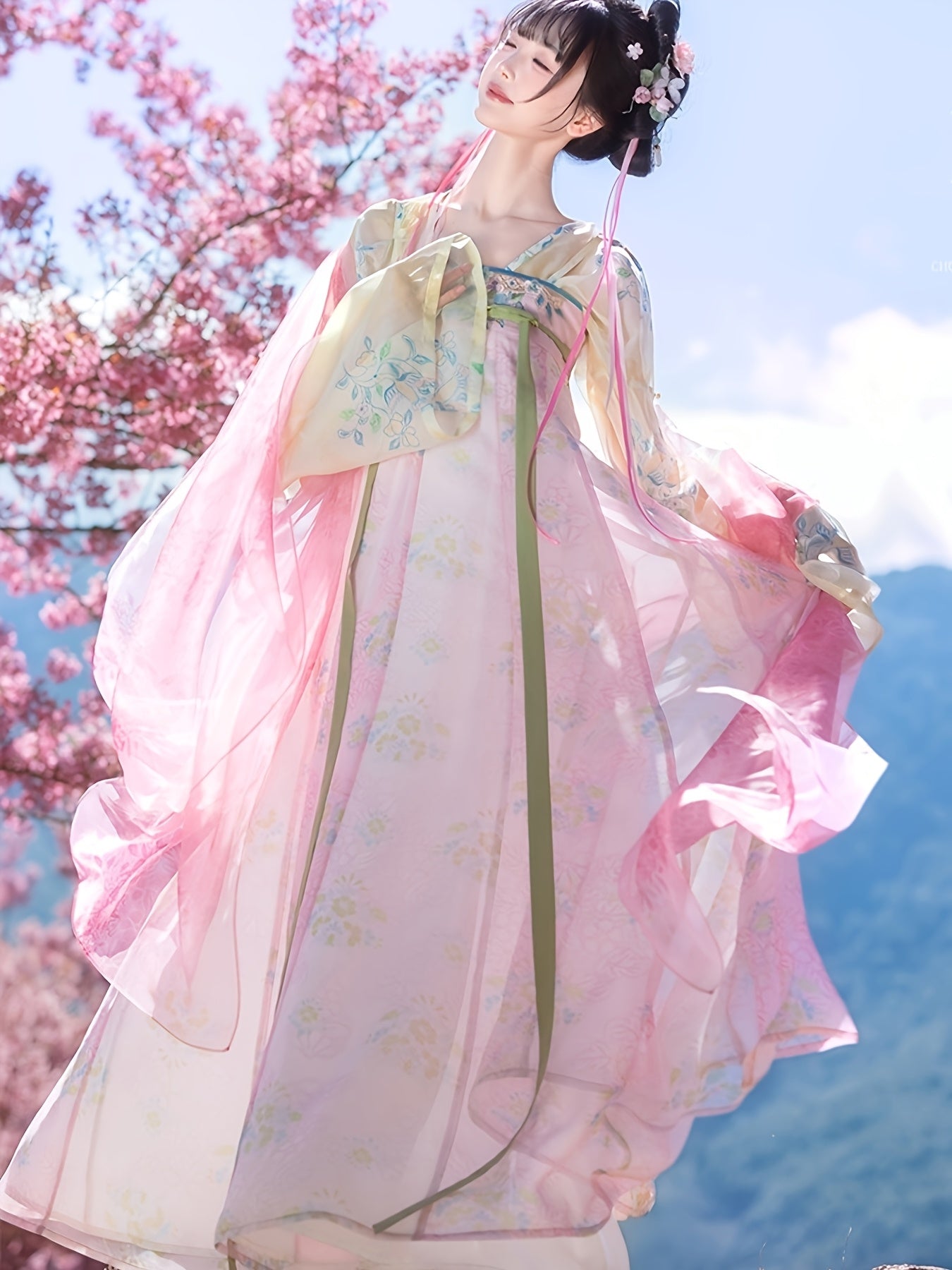 Set Hanfu u stilu dinastije Tang do prsa za žene, Proleće/Leto Hanfu, Gornji deo + Suknja + Šal