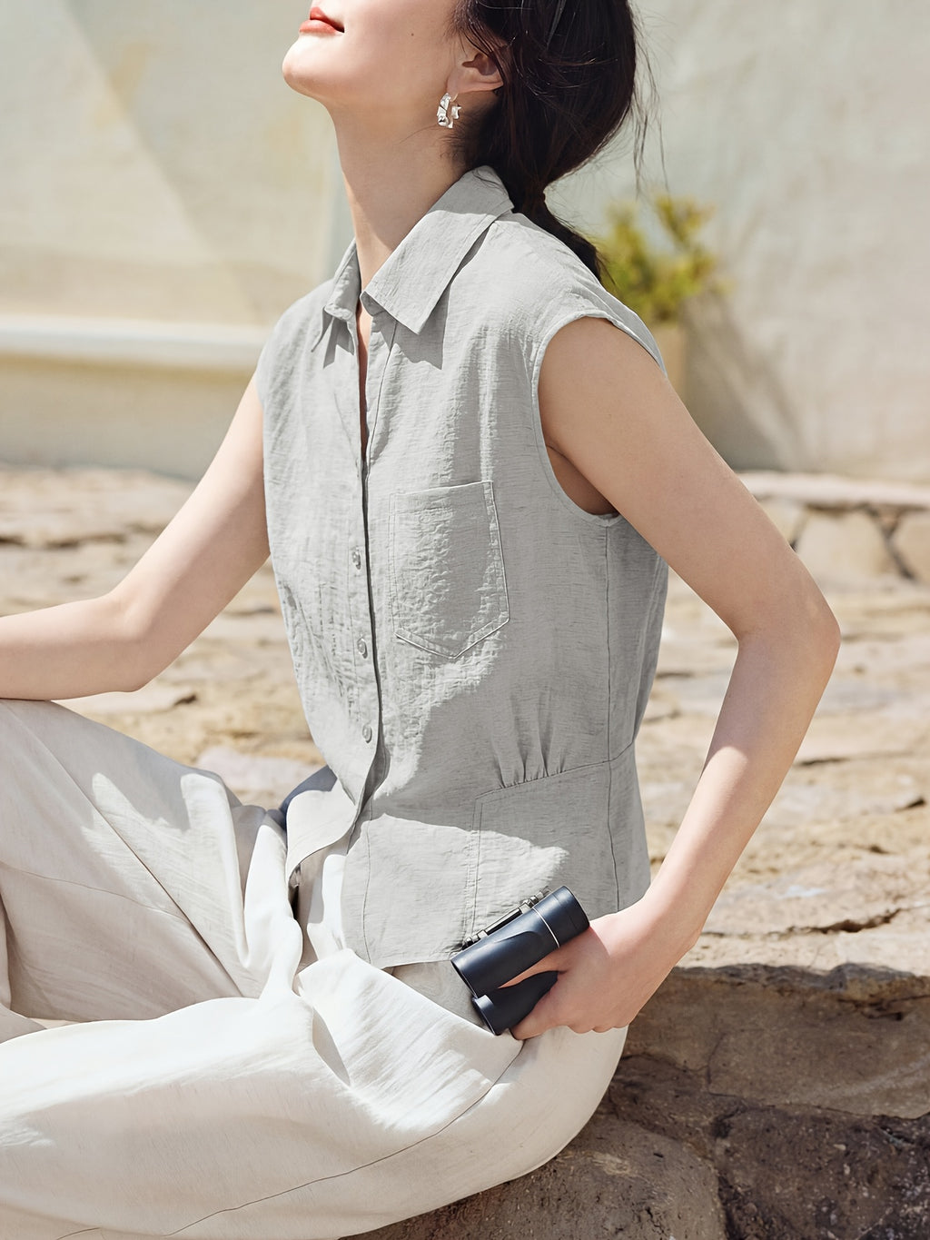 XWI a Summer New Style Women'S Shirt [Three-Quarter Sleeves Light Oxygen Commuting] Daily Commuting Office Wear Spring Summer Women'S New Style Three-Quarter Sleeves Three-Dimensional Lapel Pleated Waist-Cinching Shirt