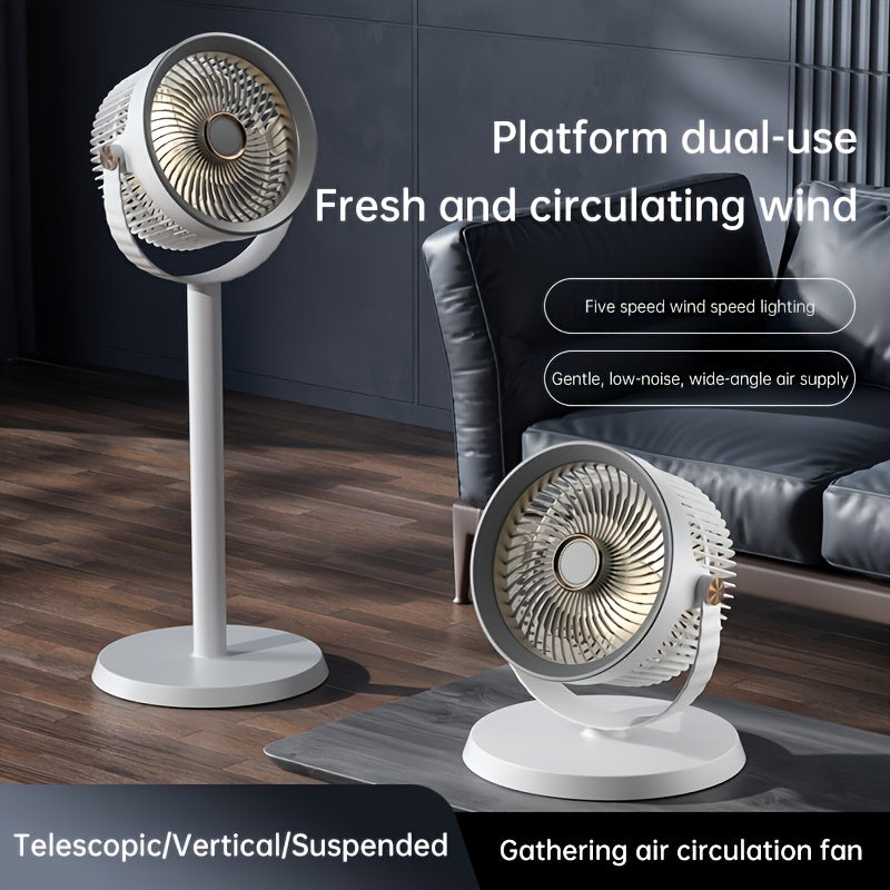 2026 New Rechargeable Air Circulator Fan, 5-Speed Adjustable Silent Floor Fan with Built-In Warm Light Night Light, 360° Rotatable And Height Adjustable, Dual Use for Hanging And Tabletop, Suitable for Bedroom, Office, And Outdoor Camping
