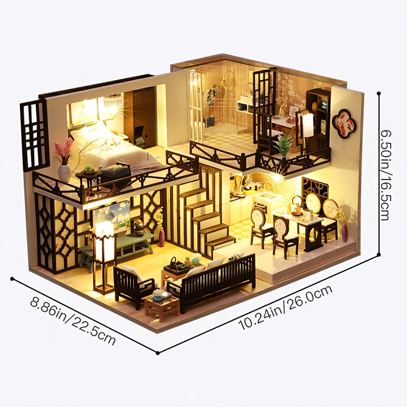 Dvoslojna nova kineska stil loft DIY ručno rađena koliba, DIY mini koliba komplet za izradu. Poklon za interakciju roditelja i djece i za parove, DIY drveni model kolibe za sastavljanje, dekorativni ukras za radnu površinu i policu za knjige, igračka za o
