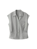 XWI a Summer New Style Women'S Shirt [Three-Quarter Sleeves Light Oxygen Commuting] Daily Commuting Office Wear Spring Summer Women'S New Style Three-Quarter Sleeves Three-Dimensional Lapel Pleated Waist-Cinching Shirt