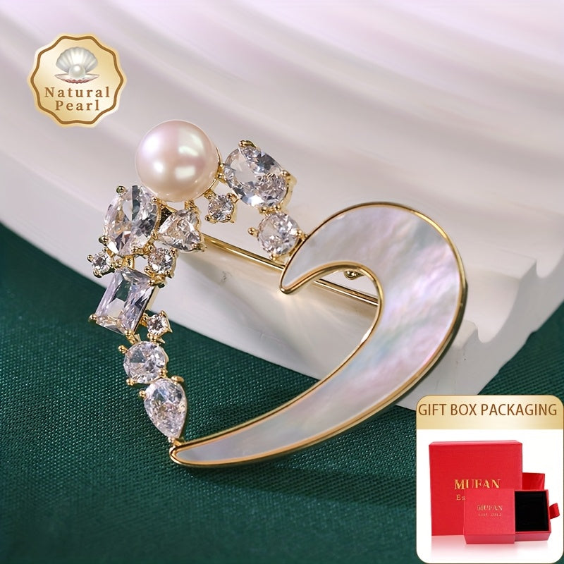 [Gift Box] A Pearl Brooch 7-8Mm White Flat Round Natural Freshwater Pearl Brooch Heart Design Exquisite Additions Souvenir Daily Dating Party Celebrating Festivals Elegant Fashion Light Luxury Style