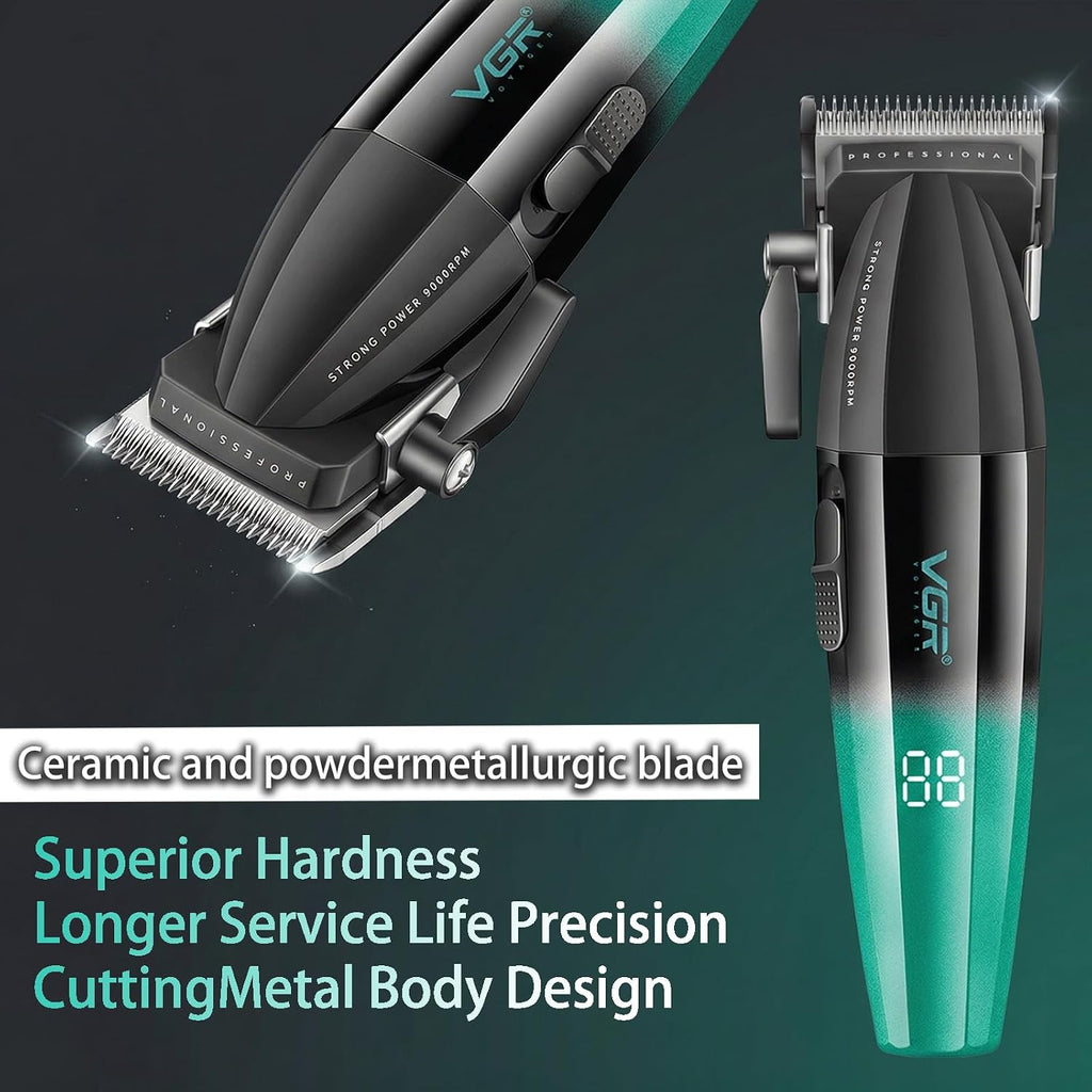 VGR 003 Fresh Fade Hair Clipper, Professional Hair Trimmer, Cord/Cordless Rechargeable Hair Cutting Tools with LED Display, 9000 RPM Barber Clippers, Green