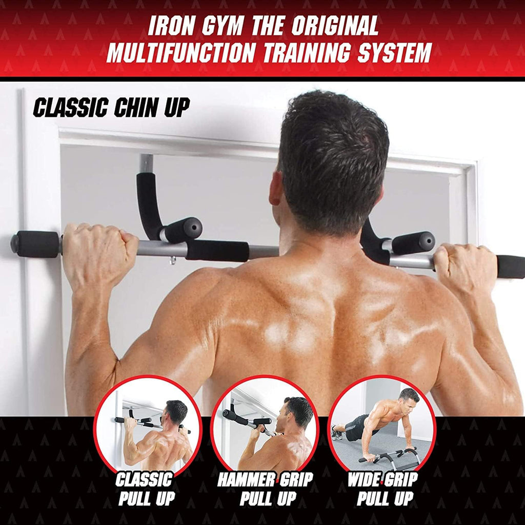 Iron Gym Pull-Up Bar - Total Upper Body Workout Bar for Doorway, Adjustable Width Locking, No Screws Portable Door Frame Horizontal Chin-up Bar, Fitness Exercise
