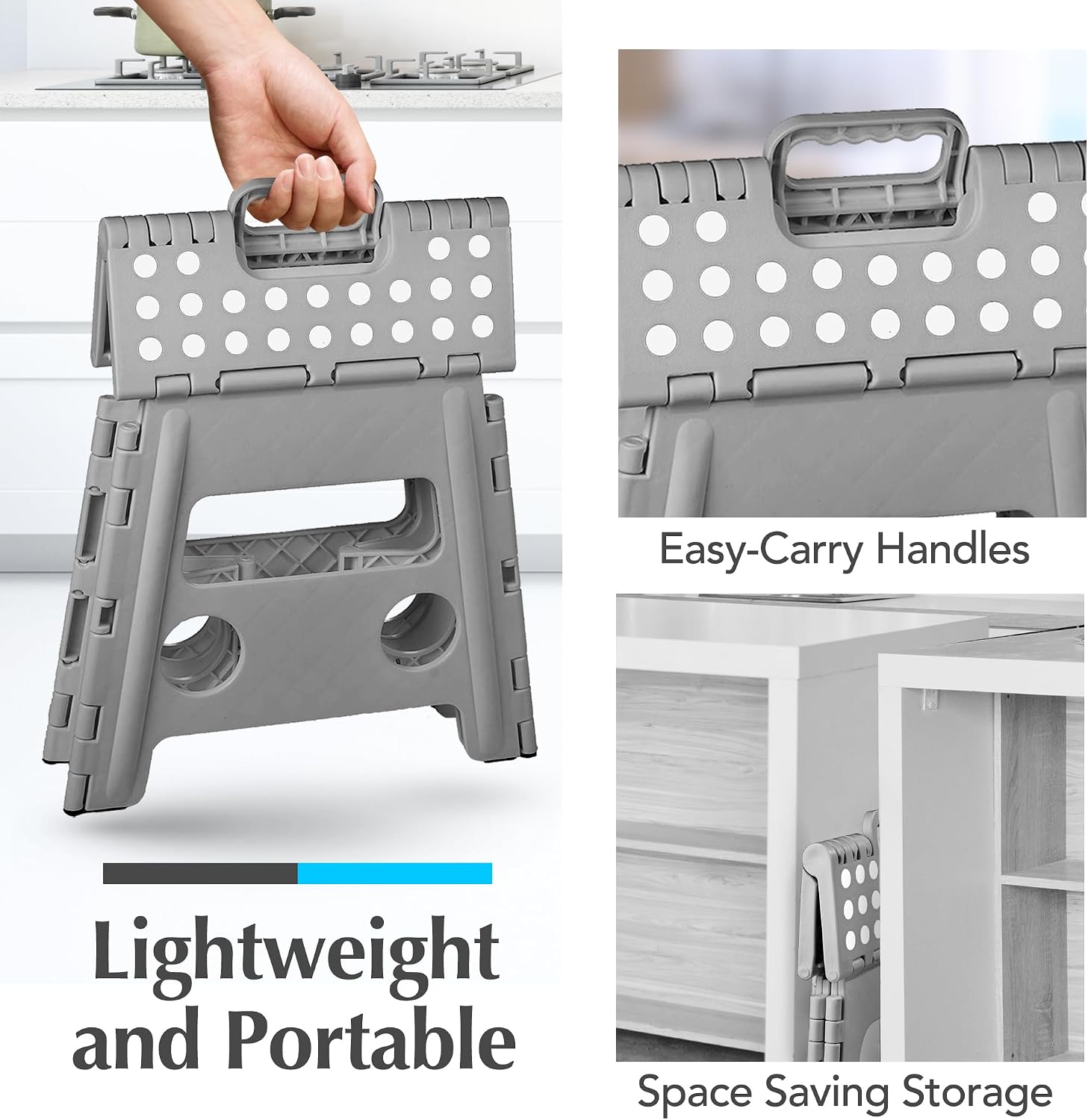 Handy Laundry Folding Lightweight Step Stool - Sturdy Enough to Support Adults - Opens Easy with One Flip - Great for Kitchen, Bathroom or Bedroom (Grey - 13 inch)