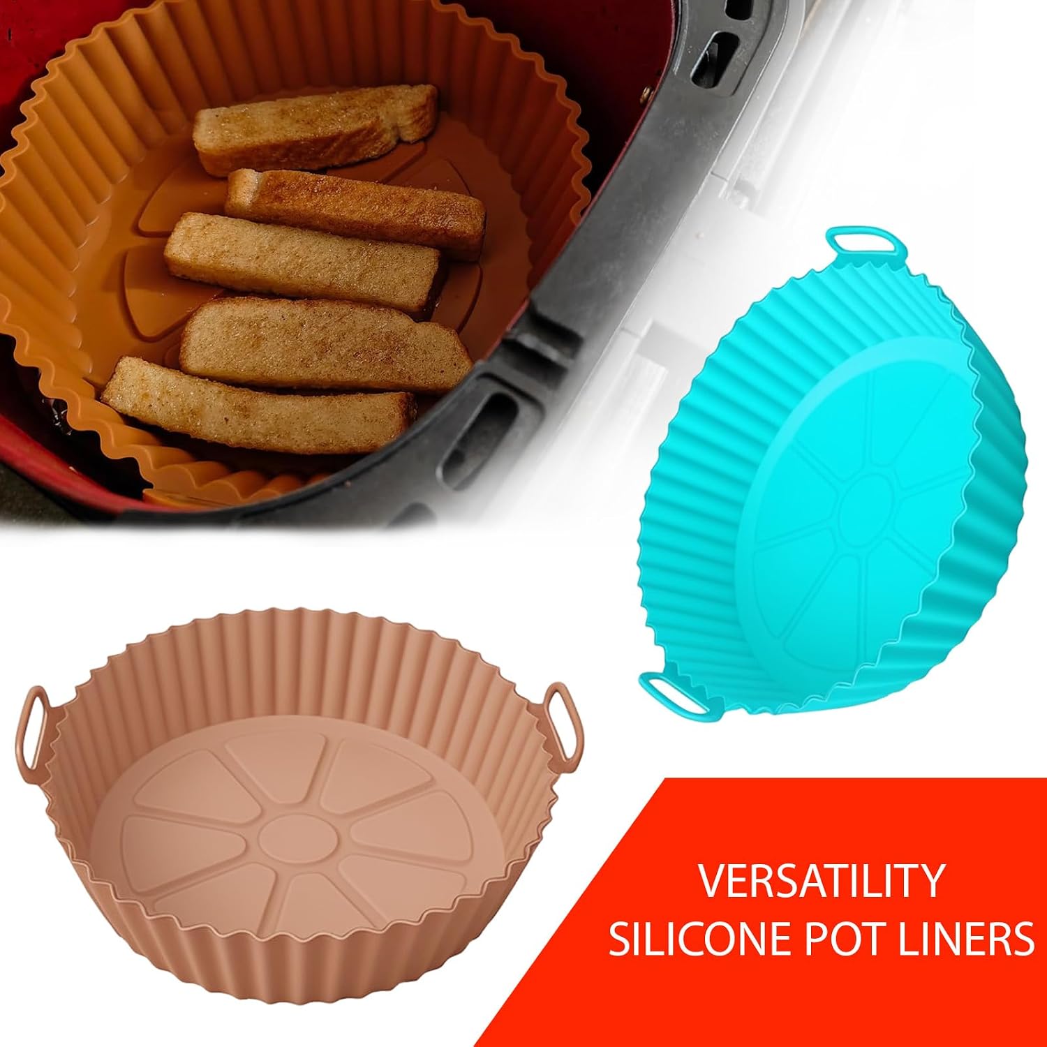 Silicone Air Fryer Liners Compatible with Ninja AF101 4QT AF141 5QT AF150 AF161 XL MAX 5.5QT and Most 3-5QT Air Fryers, Reusable Non-Stick Accessories for Ovens & Microwaves (Brown+Blue)
