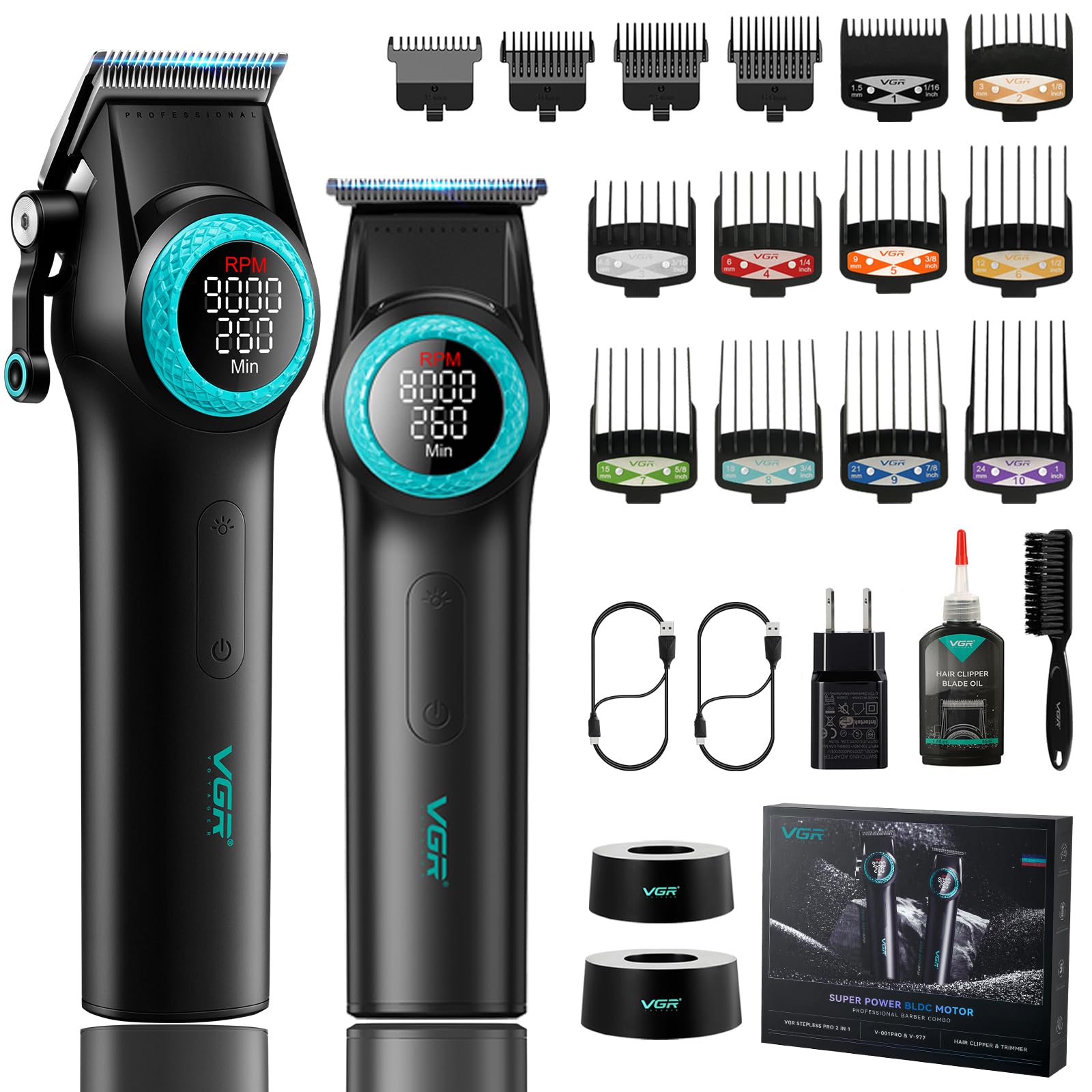 VGR 001 Professional Hair Clippers for Men, Cordless Barber Clippers for Hair Cutting, Carbon Steel Blade Hair Trimmers for Barbers, 9000RPM, LED Display, Black
