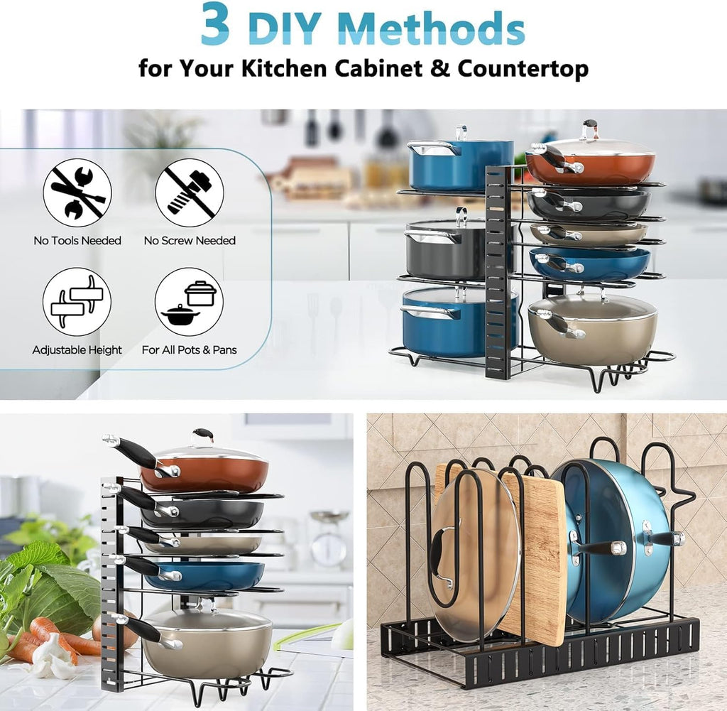 ORDORA Pots and Pans Organizer for Cabinet 16.61 Height, 8 Tier Pot Organizers Rack with 3 DIY Methods, Adjustable Pan Organizer under Cabinet Kitchen Organization and Storage