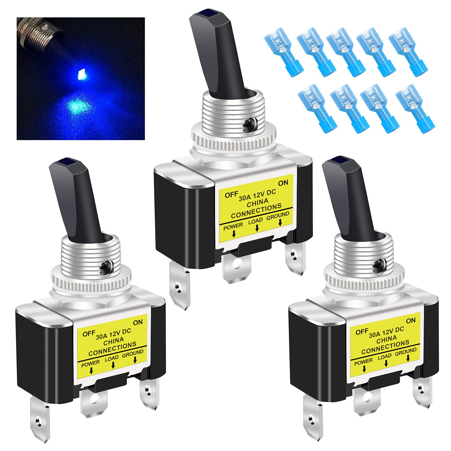 Twidec/3Pcs Rocker Toggle Switch 12V 20A Heavy Duty Racing Car Automotive Auto SPST ON/Off Toggle Switch Blue LED Light Illuminated 3Pin with Blue Waterproof Safety Cover ASW-07DBUBUMZ