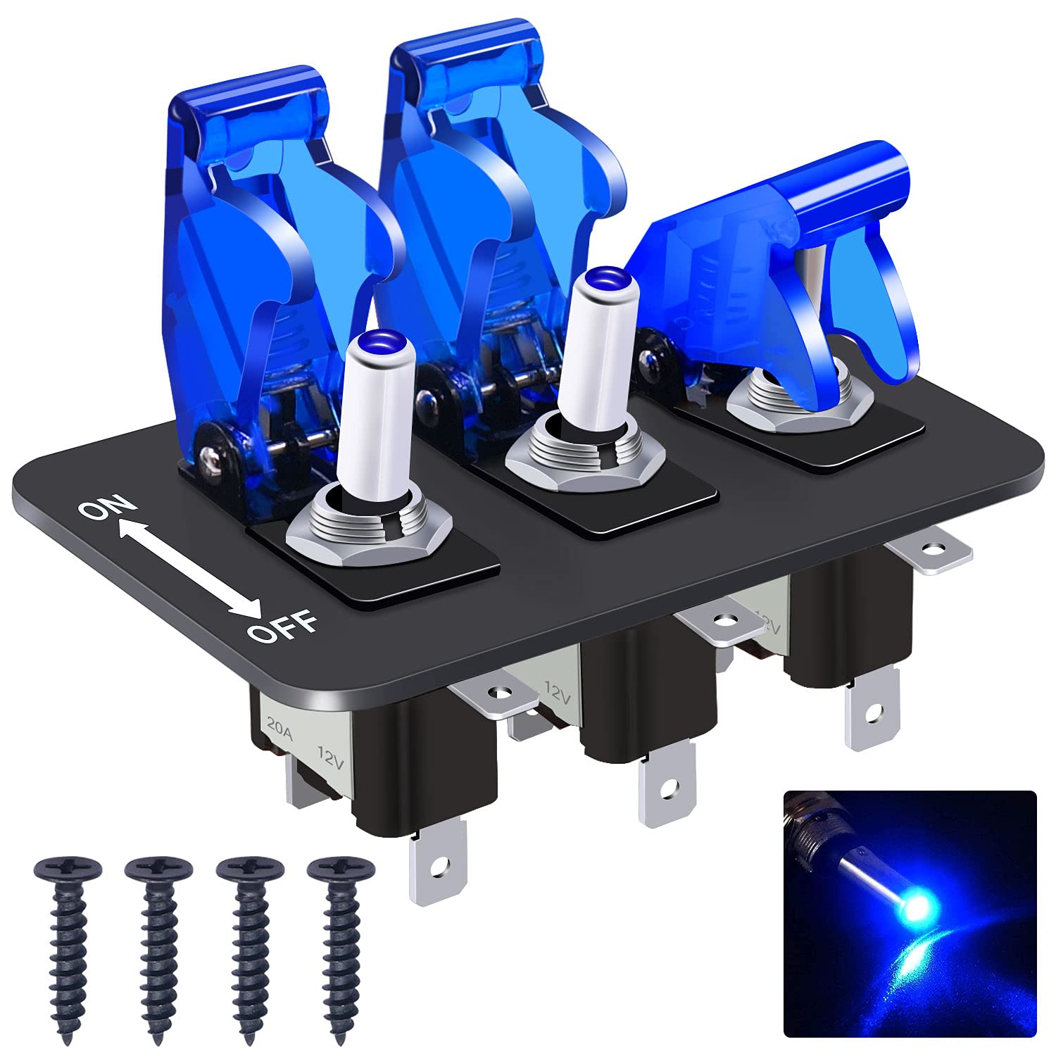 Twidec/3Pcs Rocker Toggle Switch 12V 20A Heavy Duty Racing Car Automotive Auto SPST ON/Off Toggle Switch Blue LED Light Illuminated 3Pin with Blue Waterproof Safety Cover ASW-07DBUBUMZ