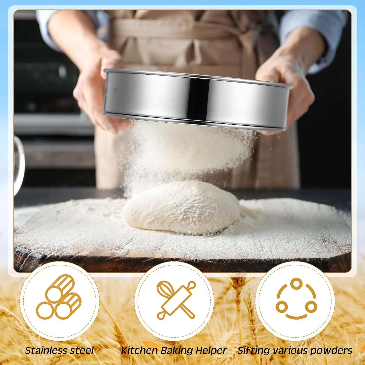 Patelai 1 Pc Stainless Steel Round Flour Sifter Sieve Fine Mesh for Bake Decorate Cakes, Pies, Pastries, Cupcakes (8 Inch 60 Mesh)