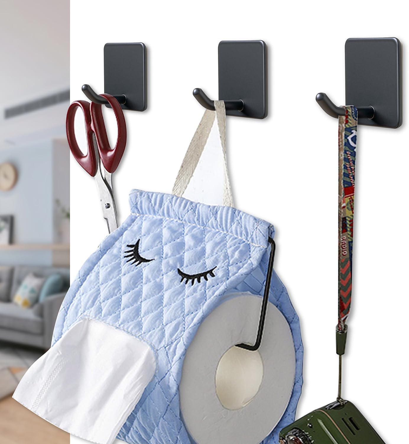 FOTYRIG Adhesive Towel Hooks No Drill Wall Hooks Stick on Wall Hangers Shower Hooks for Inside Shower Bathrooms Kitchen Door Black -4 Packs