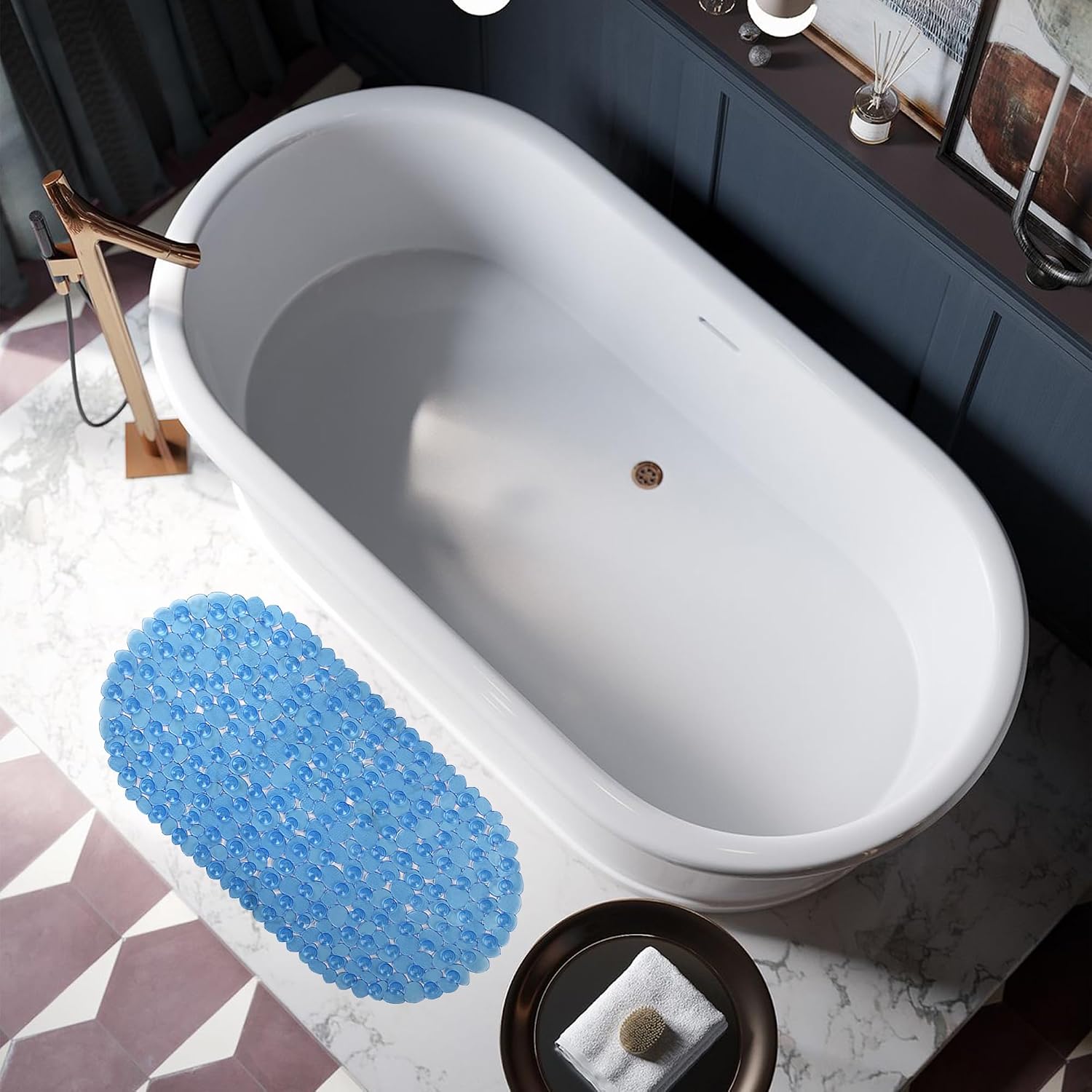 Vannokor Bathtub Mats for Bathroom 27x14 Inch, Pebble Bath Mat for Tub Feels Great on Tired Feet, Friendly Machine Washable Shower Tub Mats with 167 Big Suction Cups, Shower Mat, Bath Tub Mat, Blue