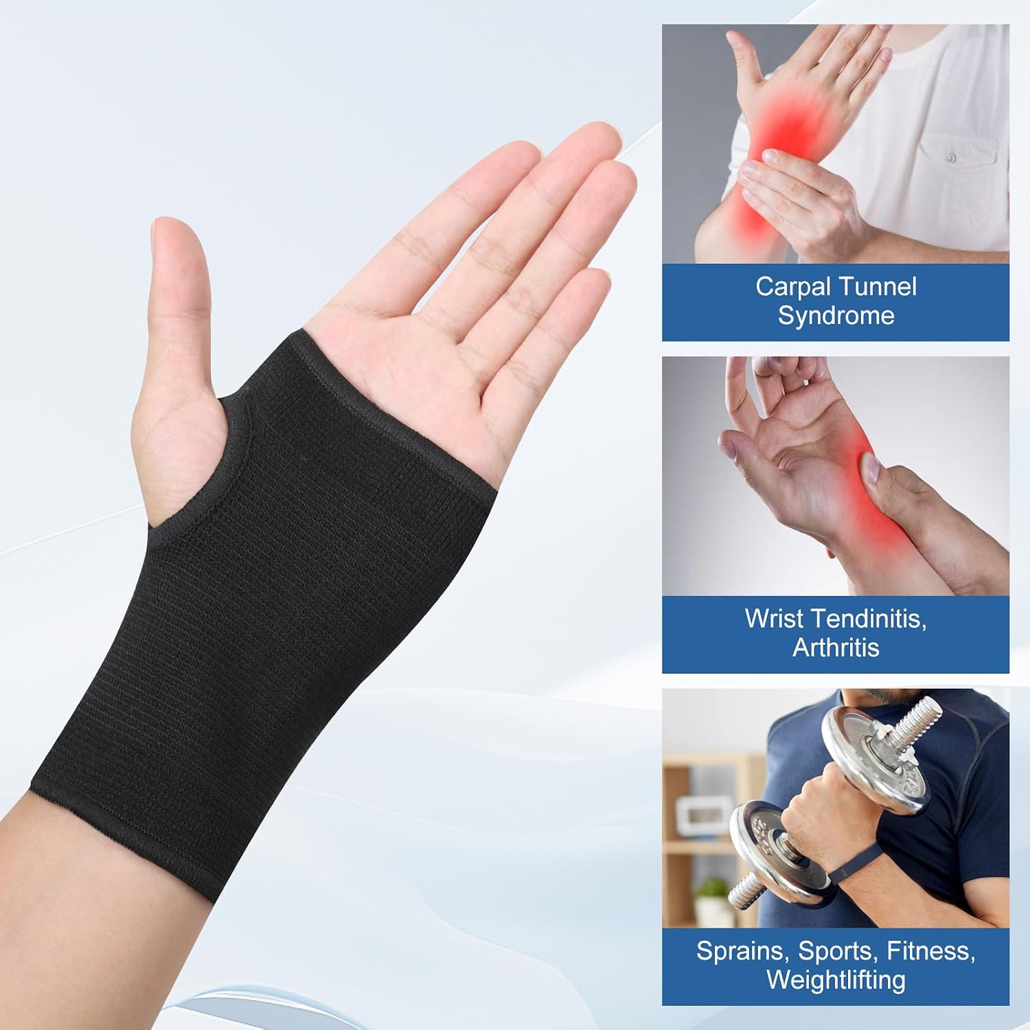Palm Brace Wrist Support Sleeves (1 Pair), Everyday Use Wrist Brace, Compression Carpal Tunnel for Wrist Pain Relief, Fitness Gloves, Sports Glove, Wrist Brace for Men and Women (M, Black)