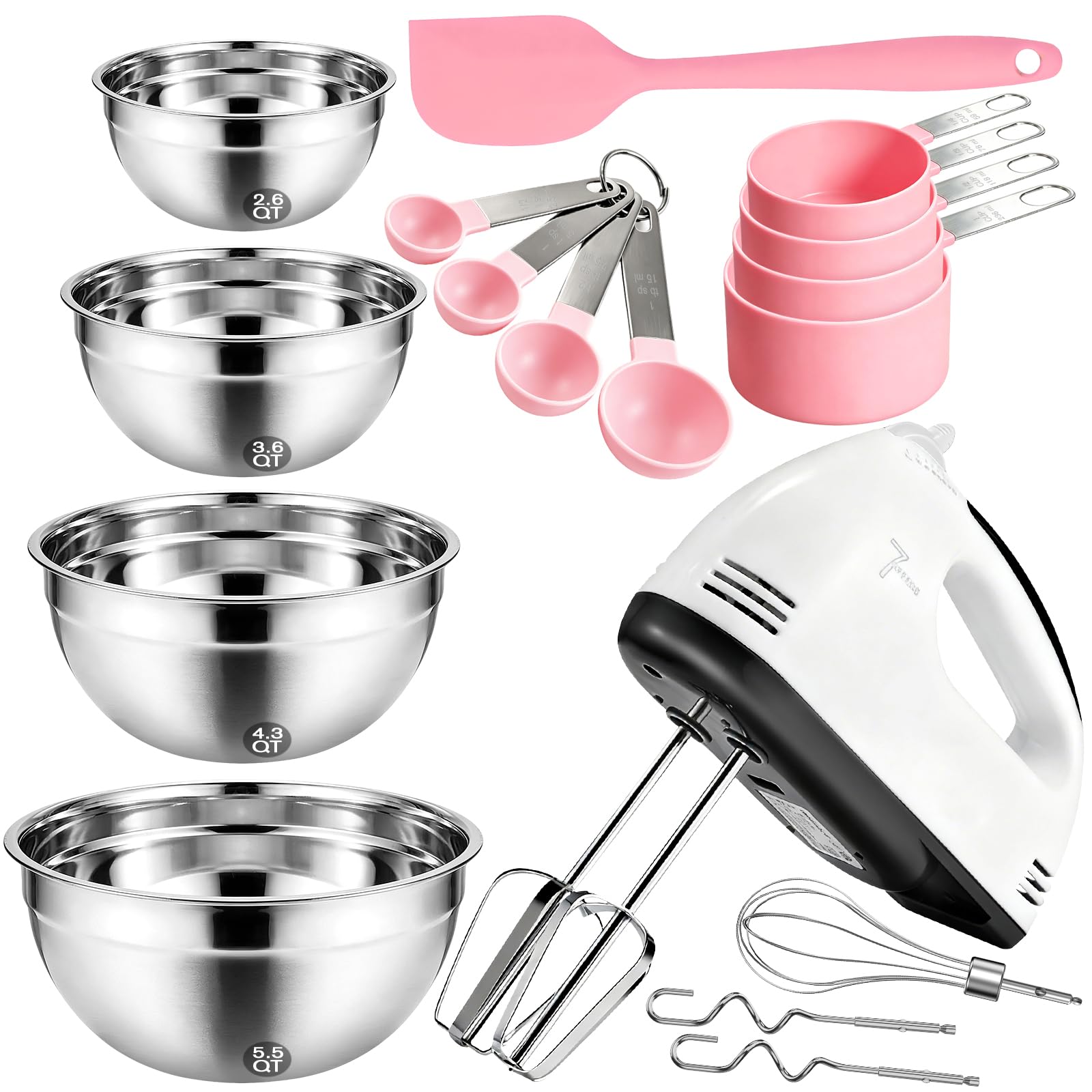 Electric Hand mixer - 7 Adjustable Speed 180W Handheld Mixer Electric Whisk with 5 Stainless Steel Accessories, Turbo Boost/Self-Control Speed + Eject Button Food Beater for Cakes Eggs, Off-white