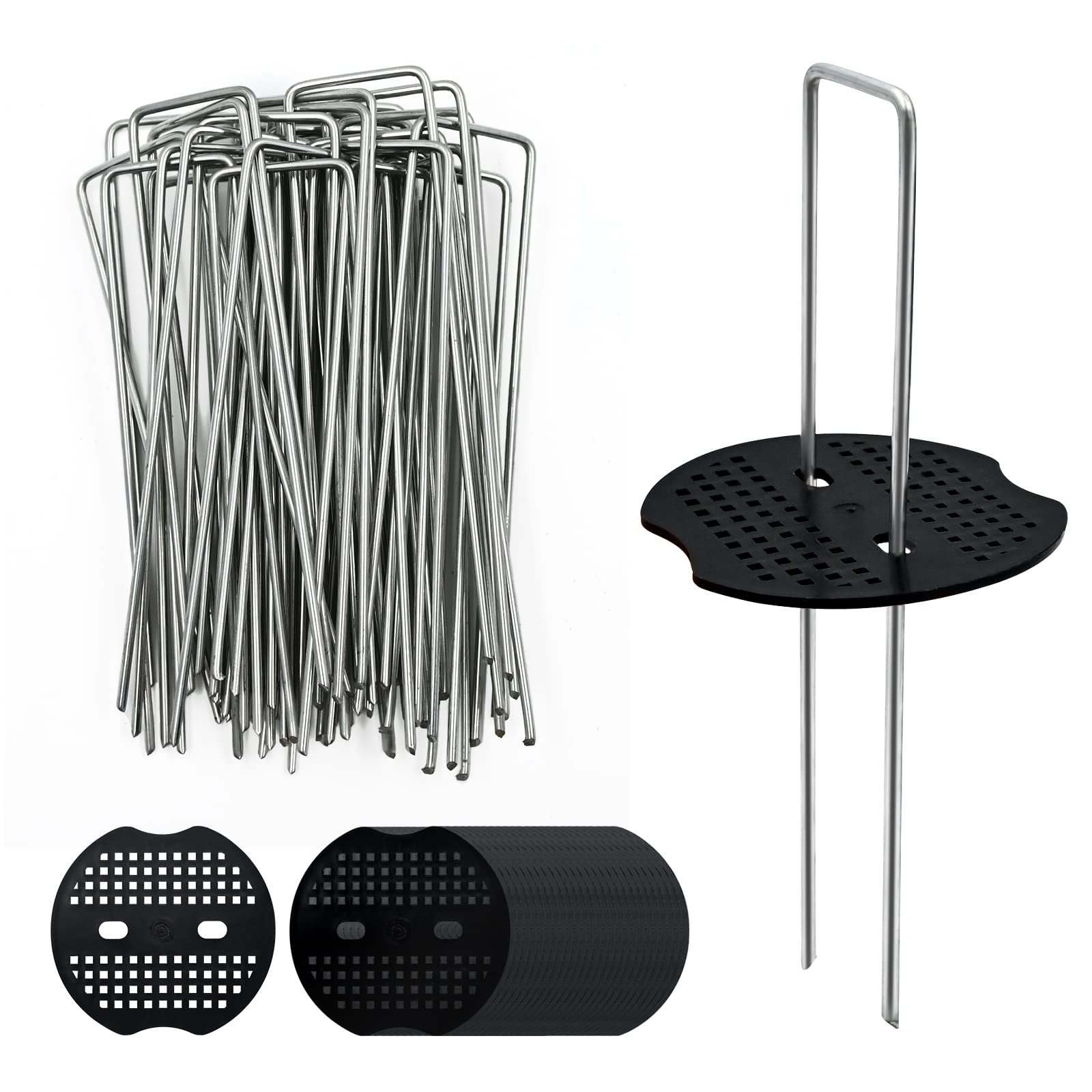 100 Pack 6 Inch Landscape Staples & 100pcs Fixing Gasket Sets, Garden Stakes Galvanized Steel Fabric Pins Heavy-Duty U Shape Sod Turf Pins for Ground Weed Fabric Barrier, Orchard, Yard, Tents