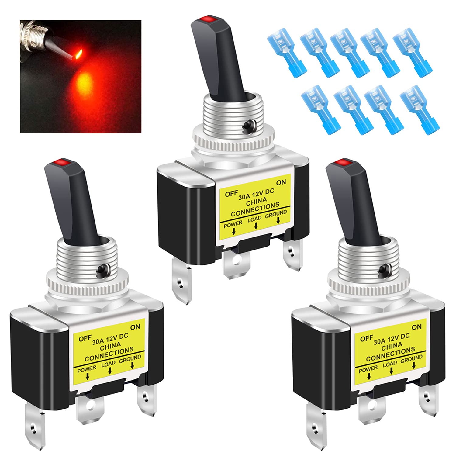 Twidec/3Pcs Rocker Toggle Switch 12V 20A Heavy Duty Racing Car Automotive Auto SPST ON/Off Toggle Switch Blue LED Light Illuminated 3Pin with Blue Waterproof Safety Cover ASW-07DBUBUMZ