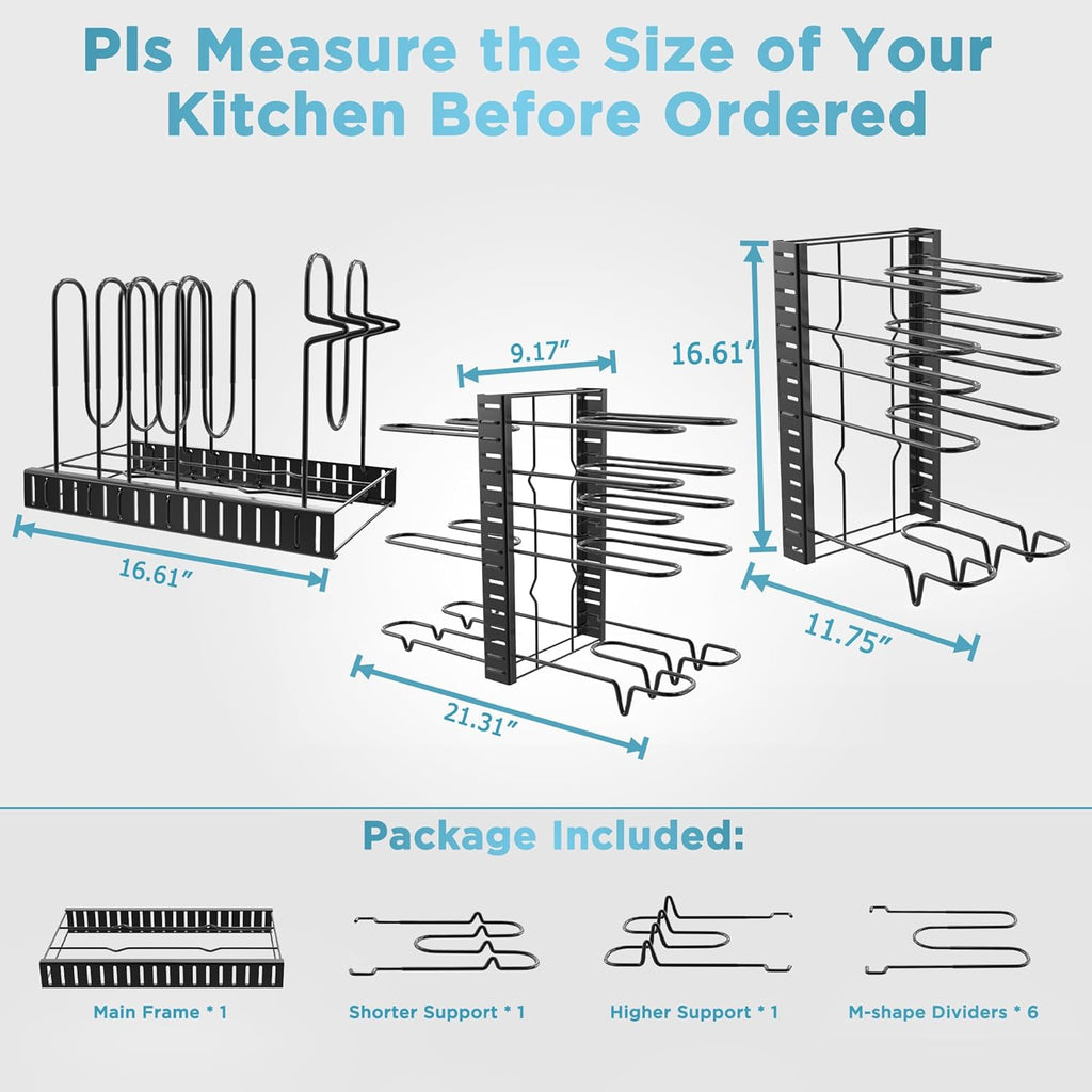 ORDORA Pots and Pans Organizer for Cabinet 16.61 Height, 8 Tier Pot Organizers Rack with 3 DIY Methods, Adjustable Pan Organizer under Cabinet Kitchen Organization and Storage