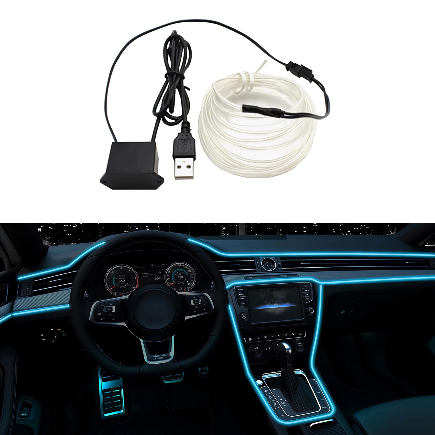 EL Wire Interior Car LED Strip Lights, 16.5FT USB Neon Glowing Strobing Electroluminescent Wire Strip with 6mm Sewing Edge, Ambient Lighting Kits for Car Indoor Decoration (Purple)