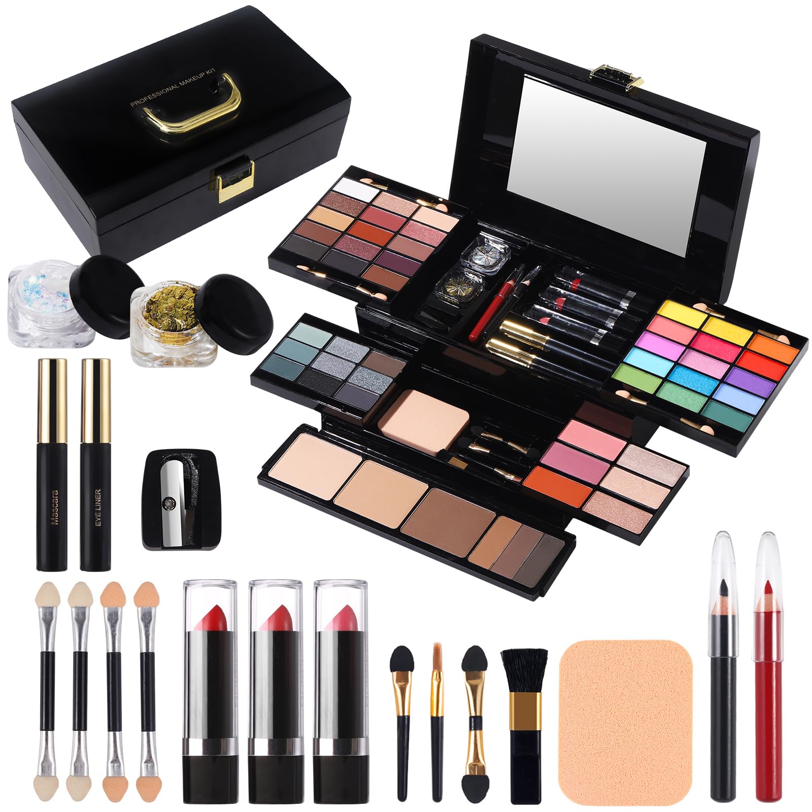 Professional Makeup Kit for Women Full Kit with Mirror 58 Colors All in One Make up Gift Set for Girls Included Eyeshadow,Compact Powder,Blusher,Lipstick,Eyebrow Pencil,Gitter Gel,Eyeliner,Mascara (N)