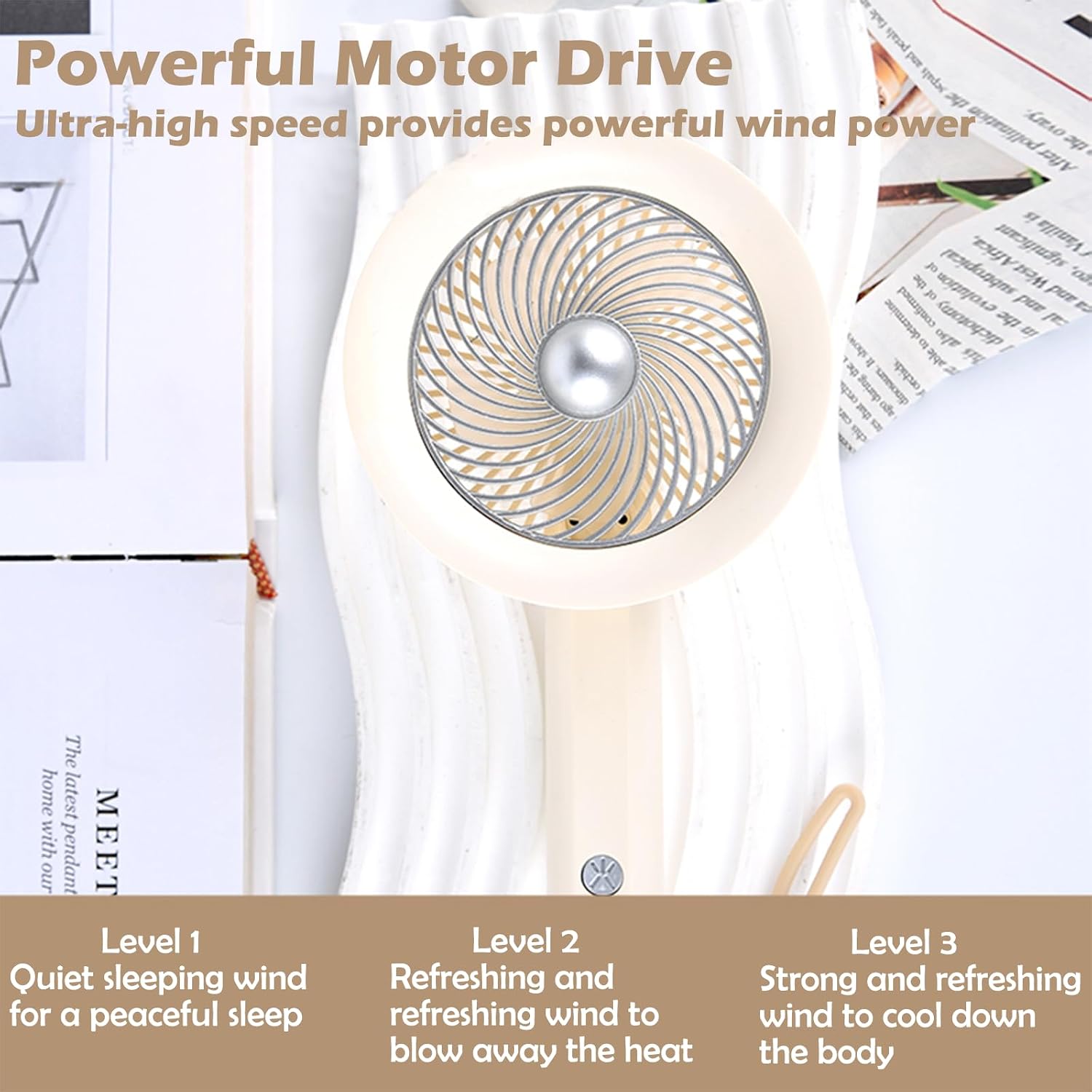 Ericfavre Portable Fan For Travel, 3 IN 1 USB Rechargeable Handheld Mini Fan For Women, Personal Portable Small Fans Foldable Cute Design 6 Speed Wind School Travel Outdoor Summer Gifts (Beige)