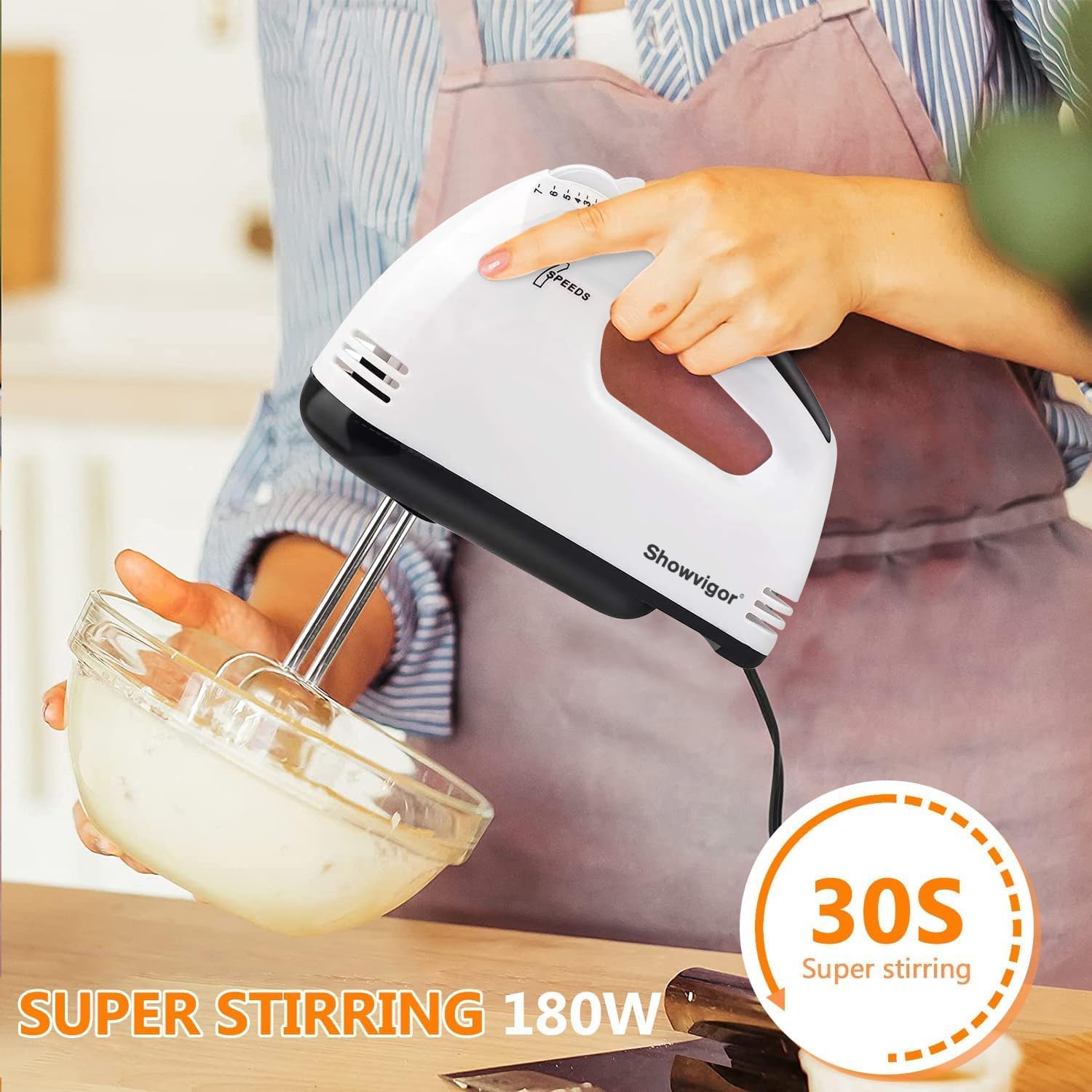 Electric Hand mixer - 7 Adjustable Speed 180W Handheld Mixer Electric Whisk with 5 Stainless Steel Accessories, Turbo Boost/Self-Control Speed + Eject Button Food Beater for Cakes Eggs, Off-white