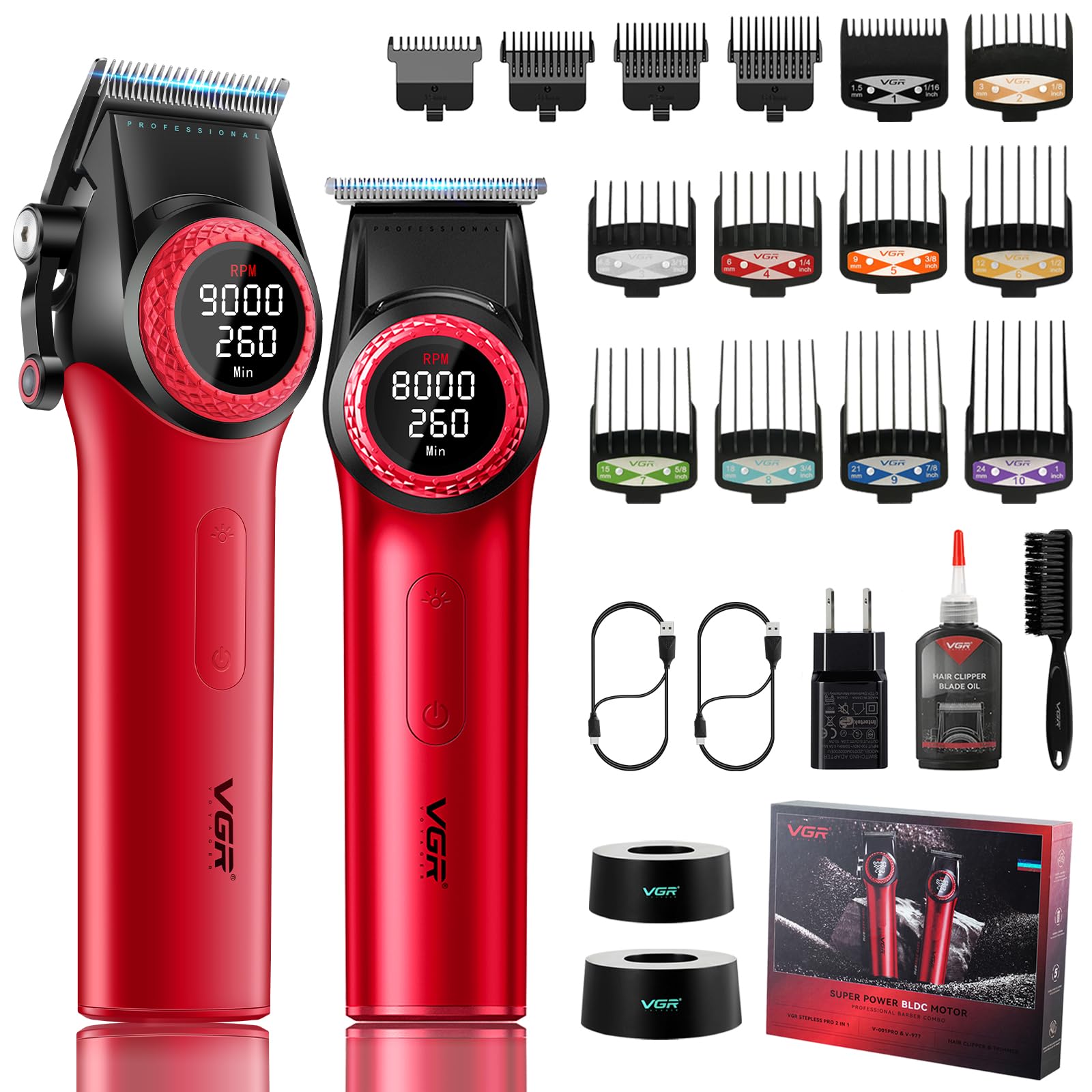 VGR 001 Professional Hair Clippers for Men, Cordless Barber Clippers for Hair Cutting, Carbon Steel Blade Hair Trimmers for Barbers, 9000RPM, LED Display, Black