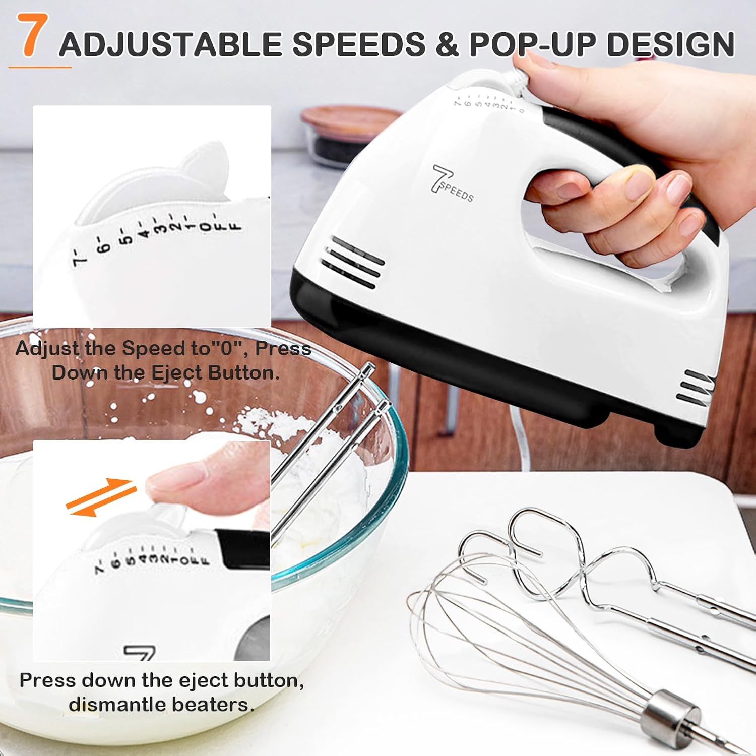 Electric Hand mixer - 7 Adjustable Speed 180W Handheld Mixer Electric Whisk with 5 Stainless Steel Accessories, Turbo Boost/Self-Control Speed + Eject Button Food Beater for Cakes Eggs, Off-white